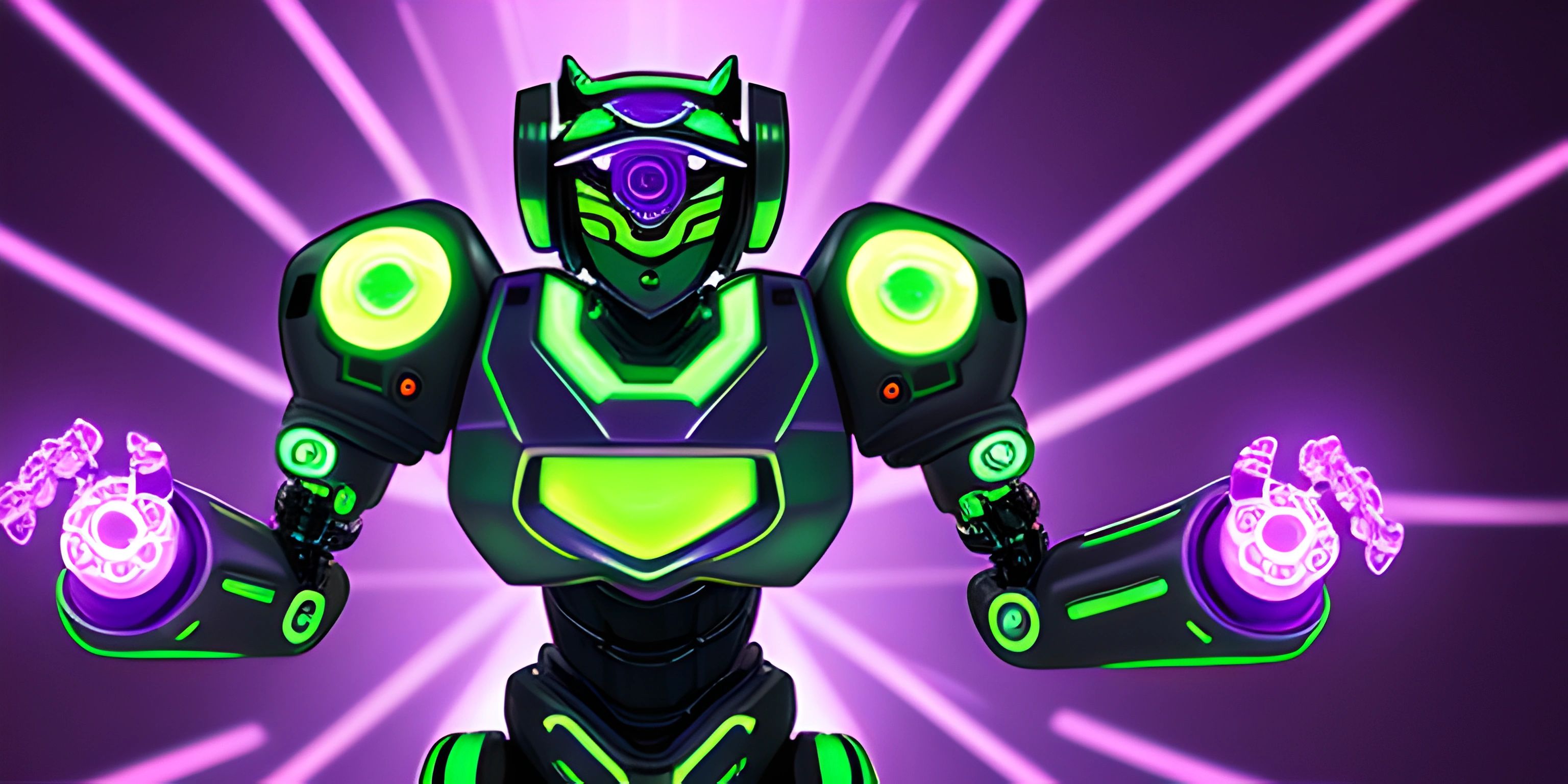 a purple and green robot with four different hands and one holding two electronic controls in its right hand