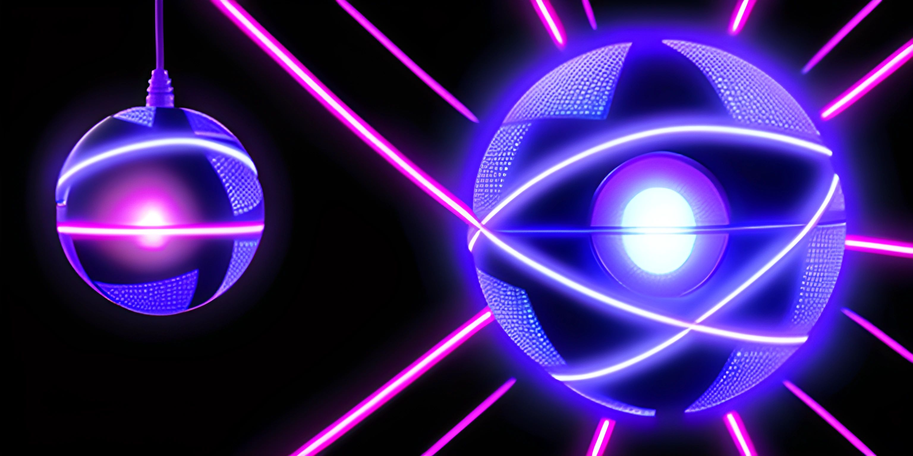 the image shows neon lights inside the sphere shape with two lamps in the background and the light from behind