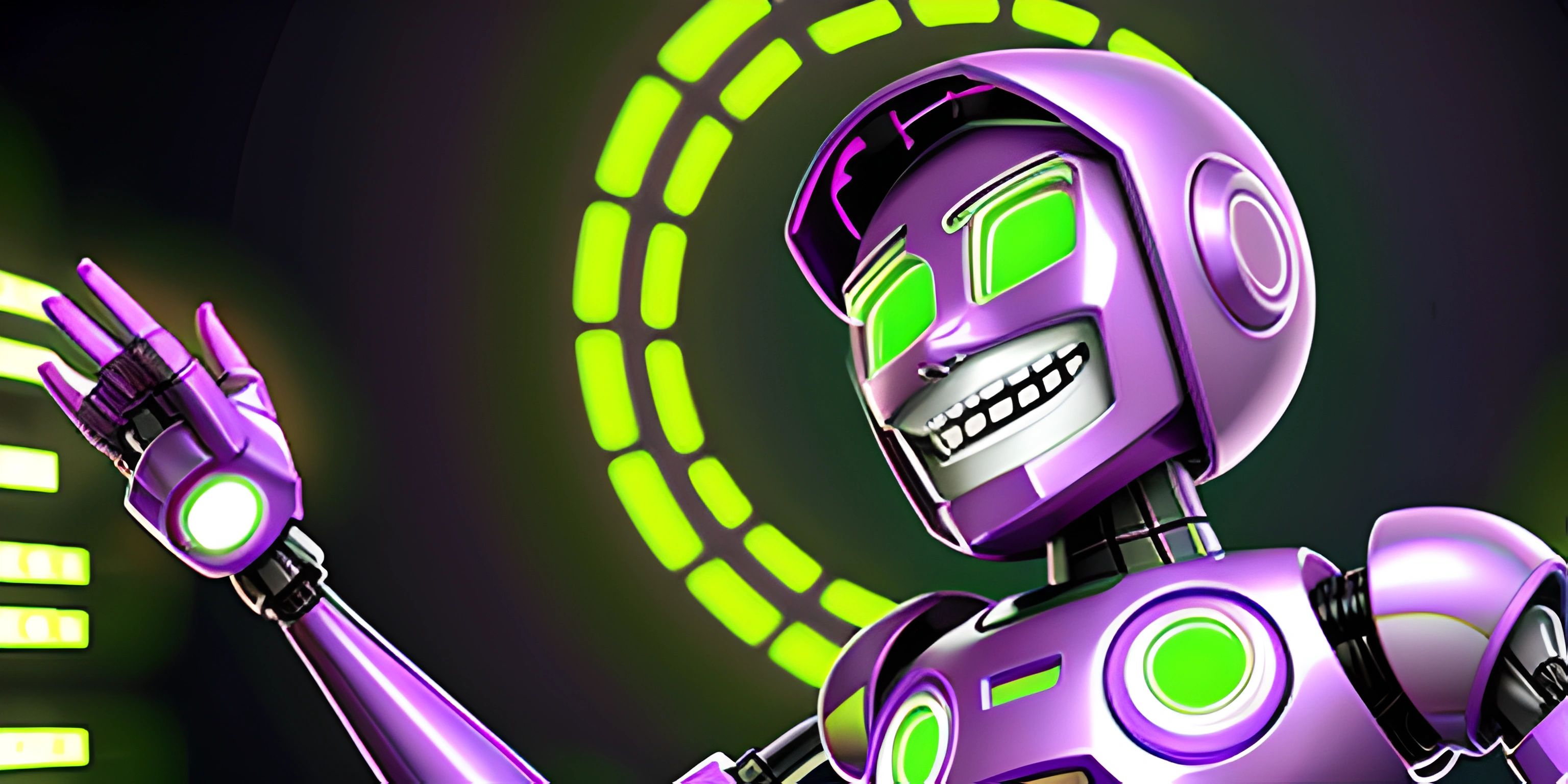 a robot with a green led hand up in front of a clock and neons