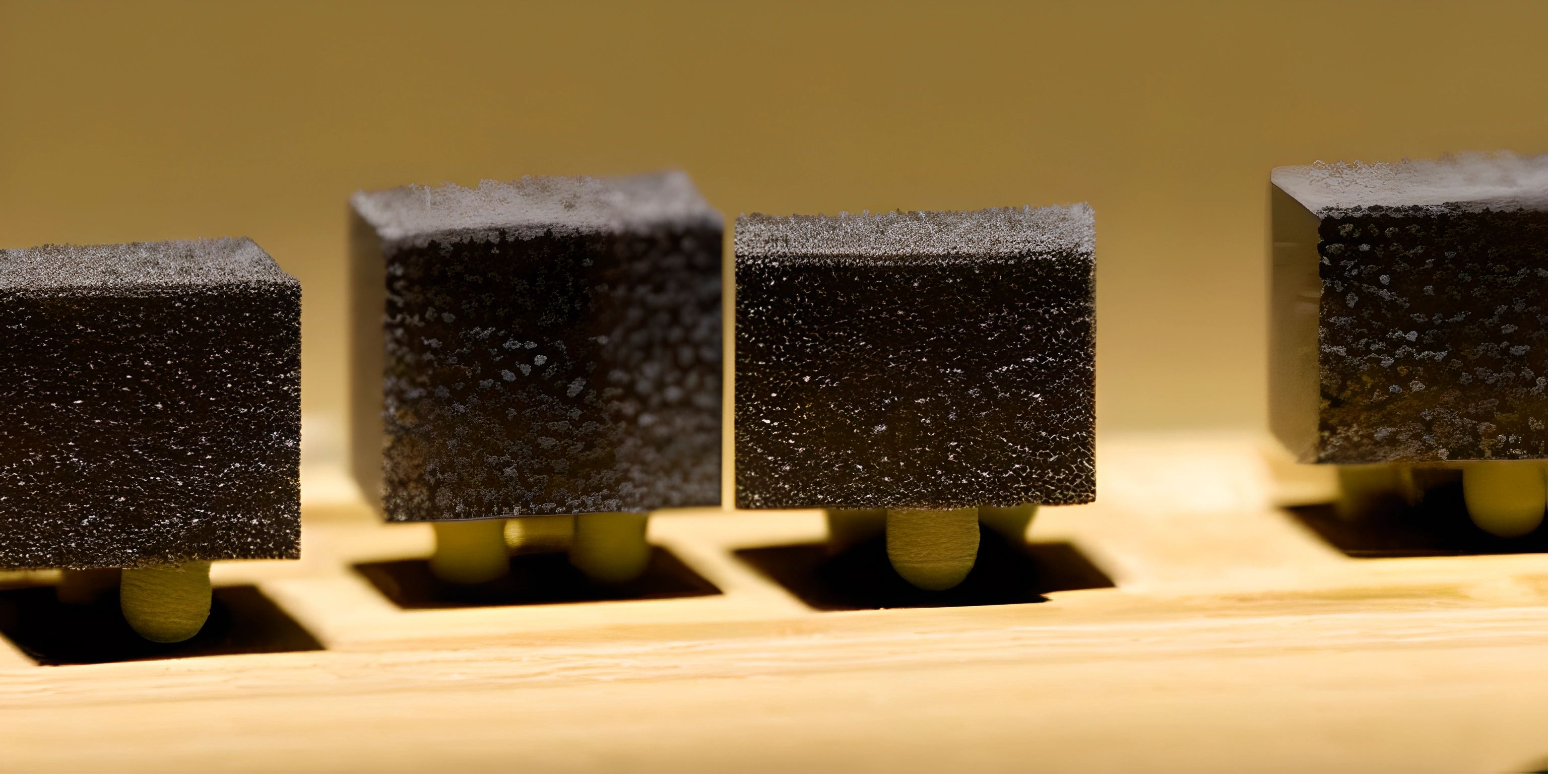 three cubes of ice on a chopping board and a knife in between the top