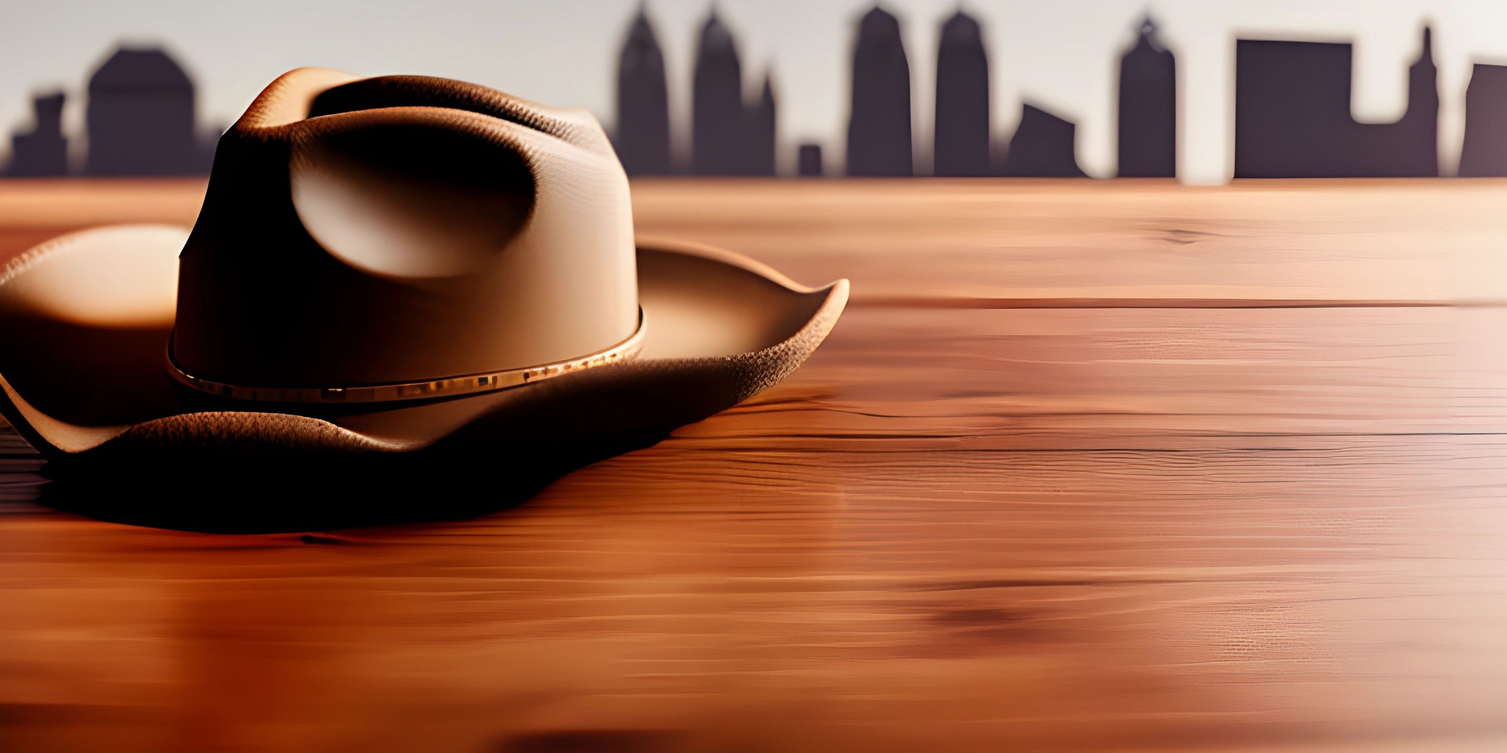 a western hat sits atop an empty wooden table with the city skyline in the background