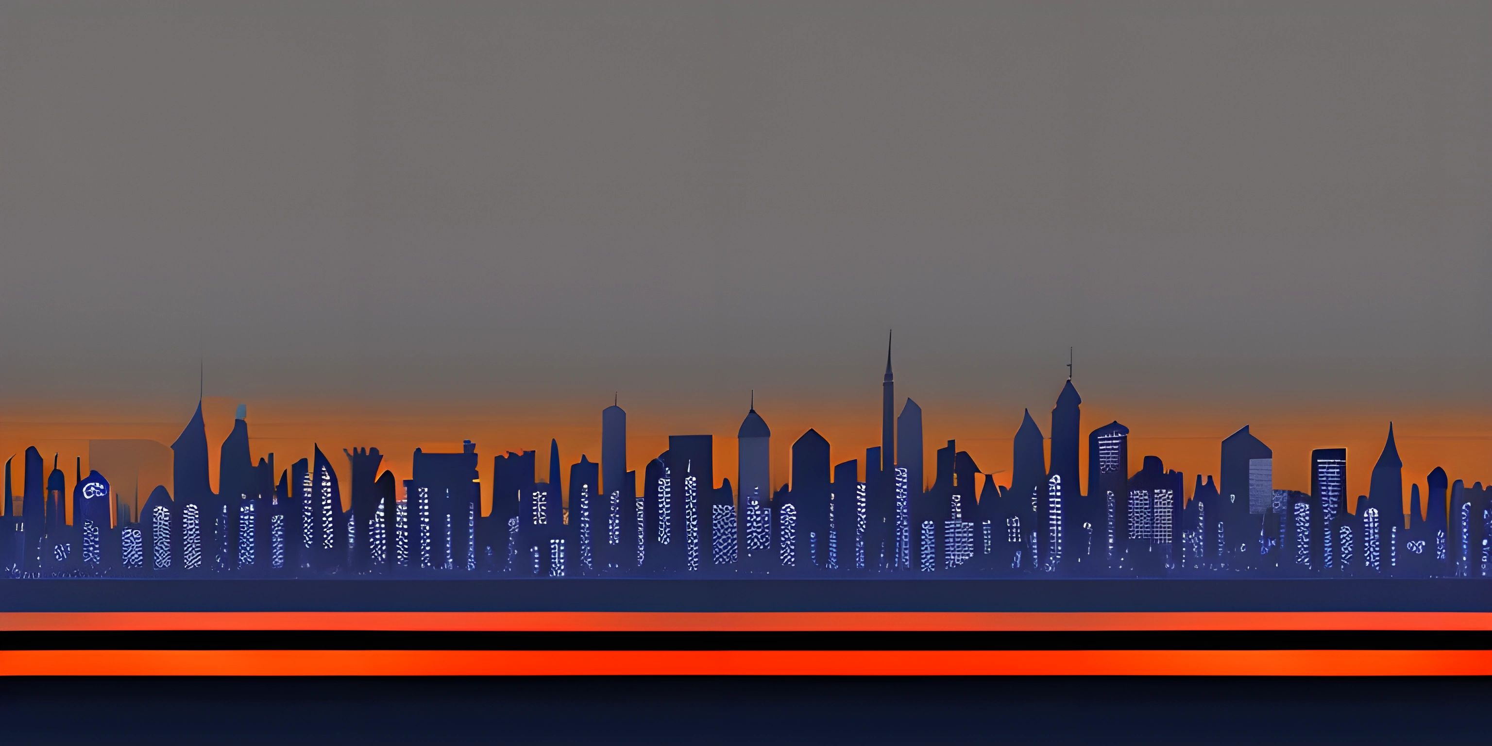 silhouette of skyline with multiple buildings lit up at sunset, on a city street, under an orange sky