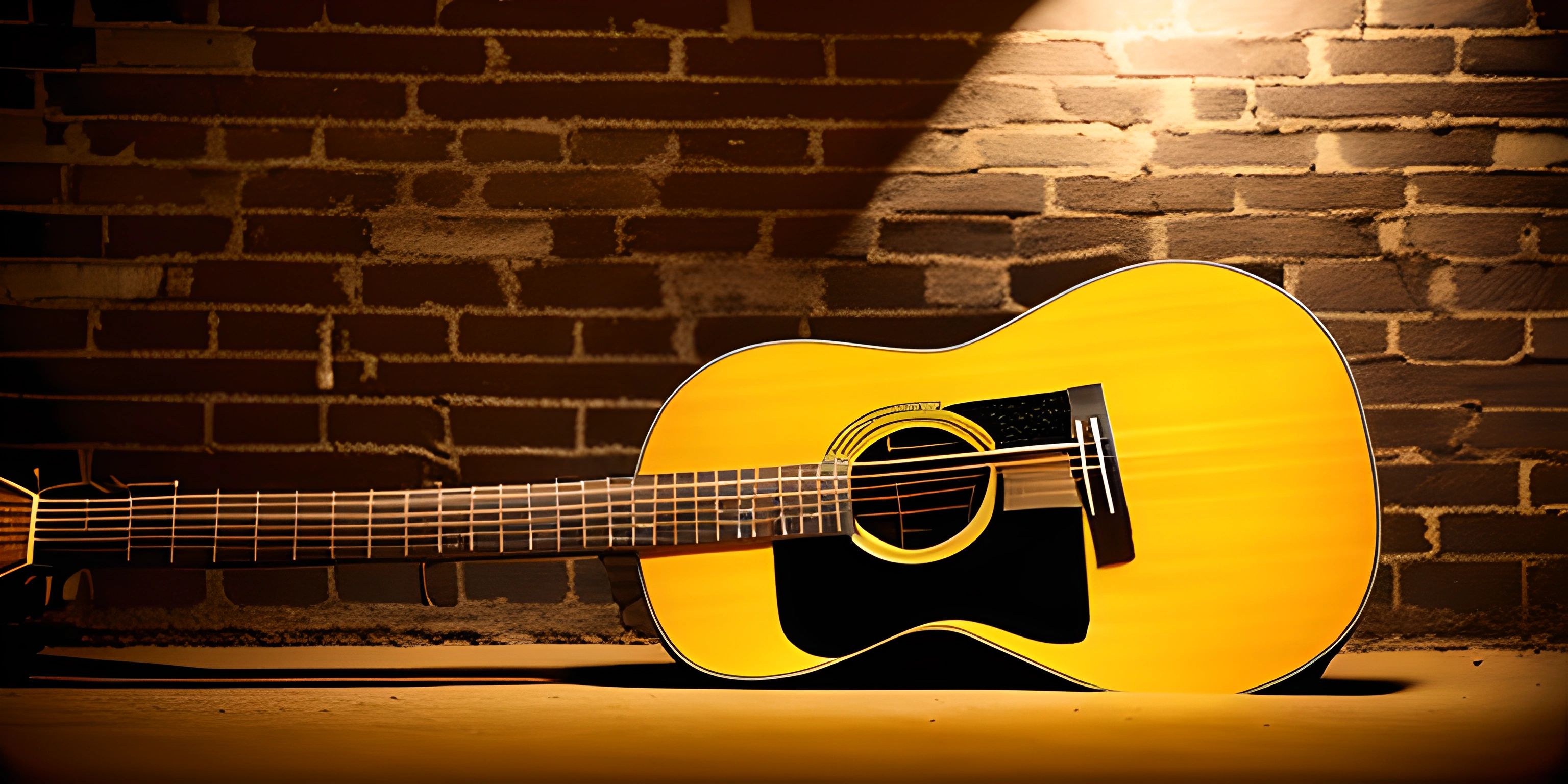 a small acoustic guitar in front of a brick wall with a spotlight on it's side