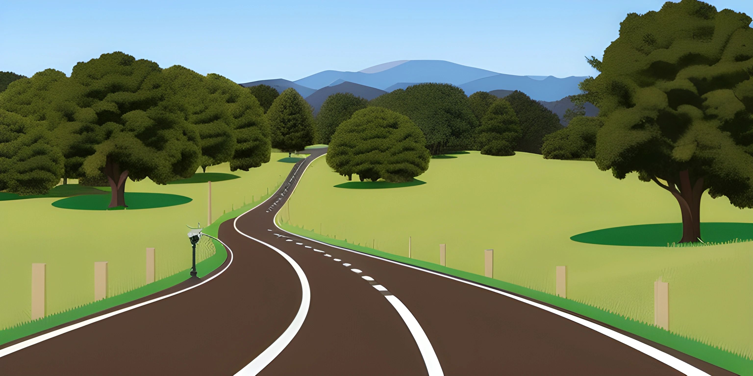 a road surrounded by green grass and trees leading away from mountains that are beyond the hills