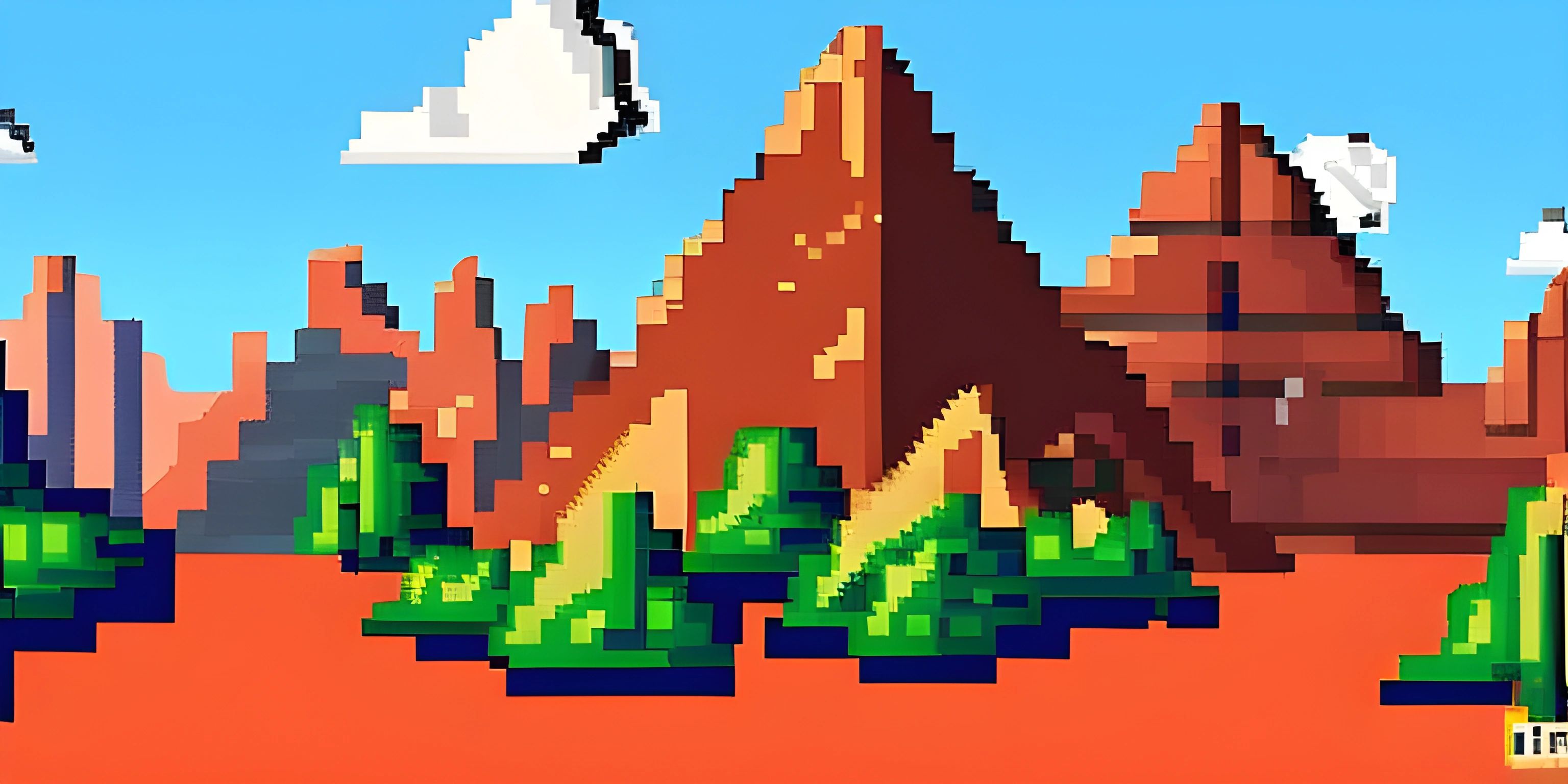 a small pixel city in a desert area with trees, bushes and birds flying in the sky