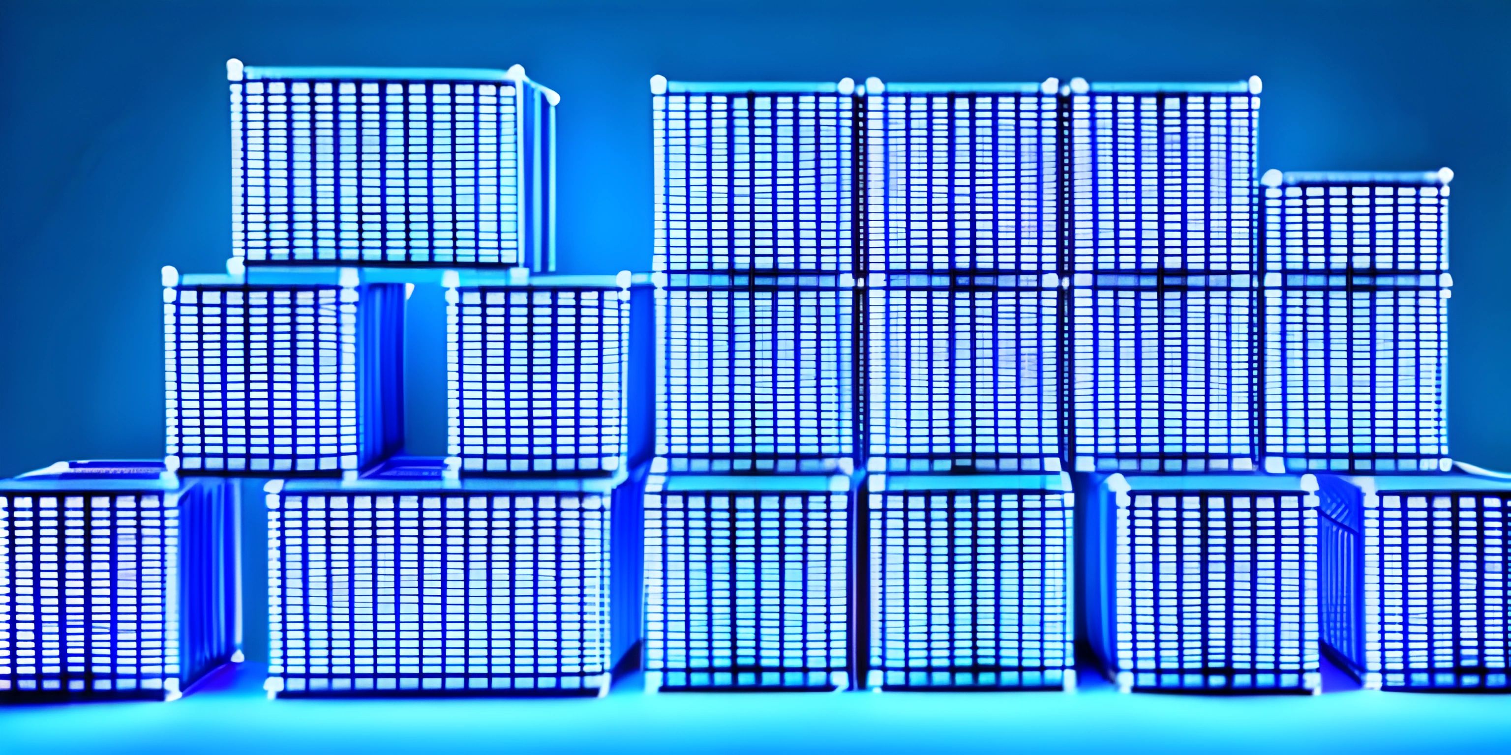 many glowing boxes on a blue background and some lights around them are glowing and they appear to be neon