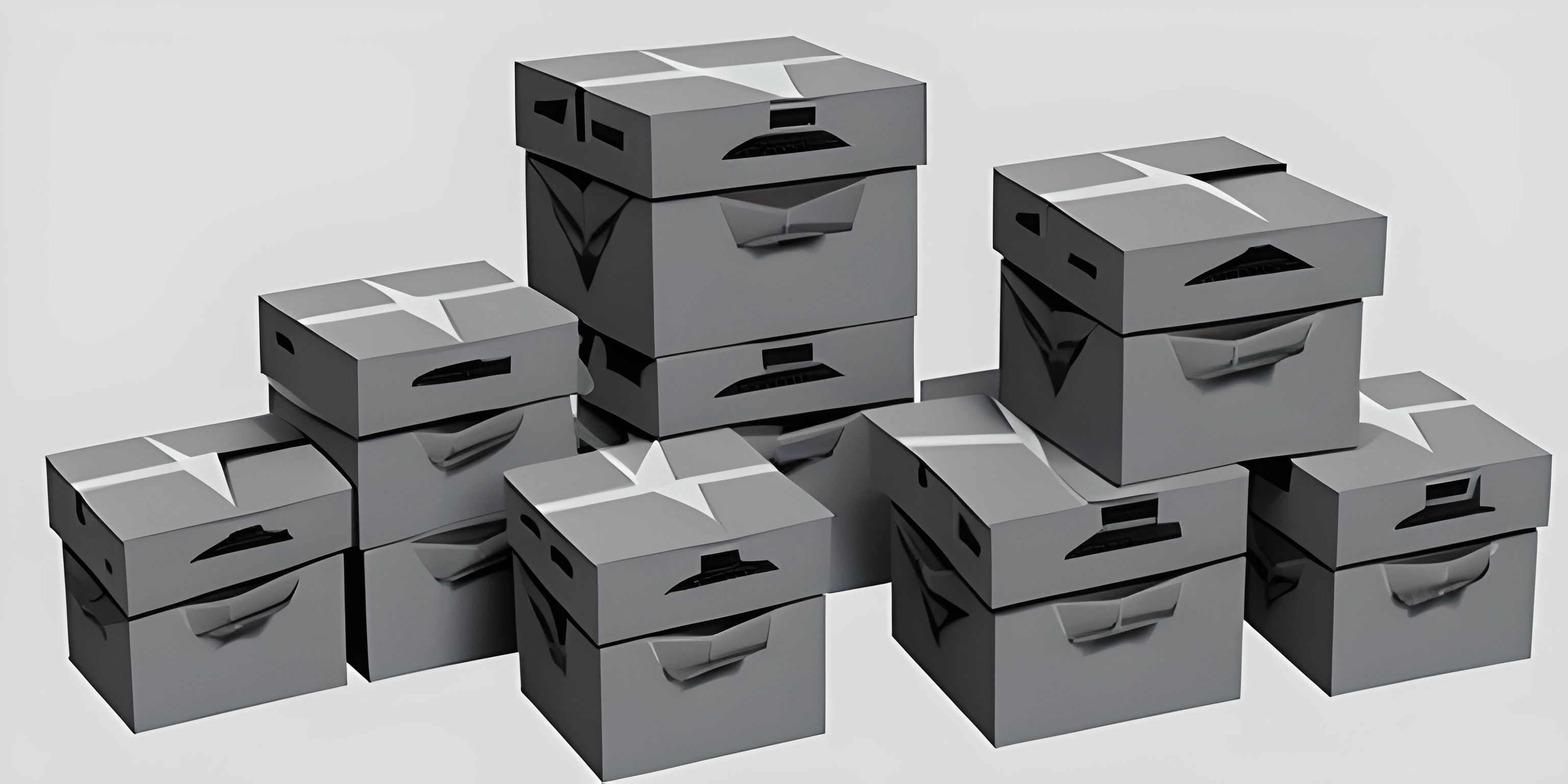 small gray boxes in various sizes and shapes with faces painted on them to resemble faces