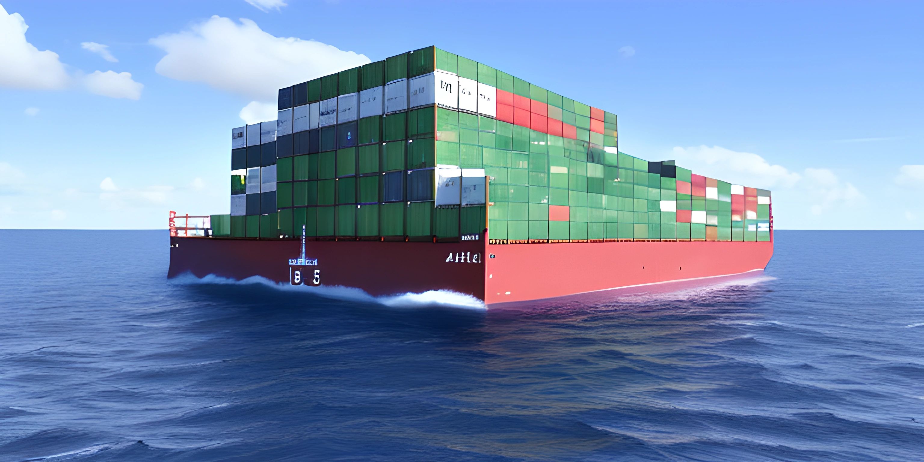 there is a large red container ship on the water near the shore of a beach