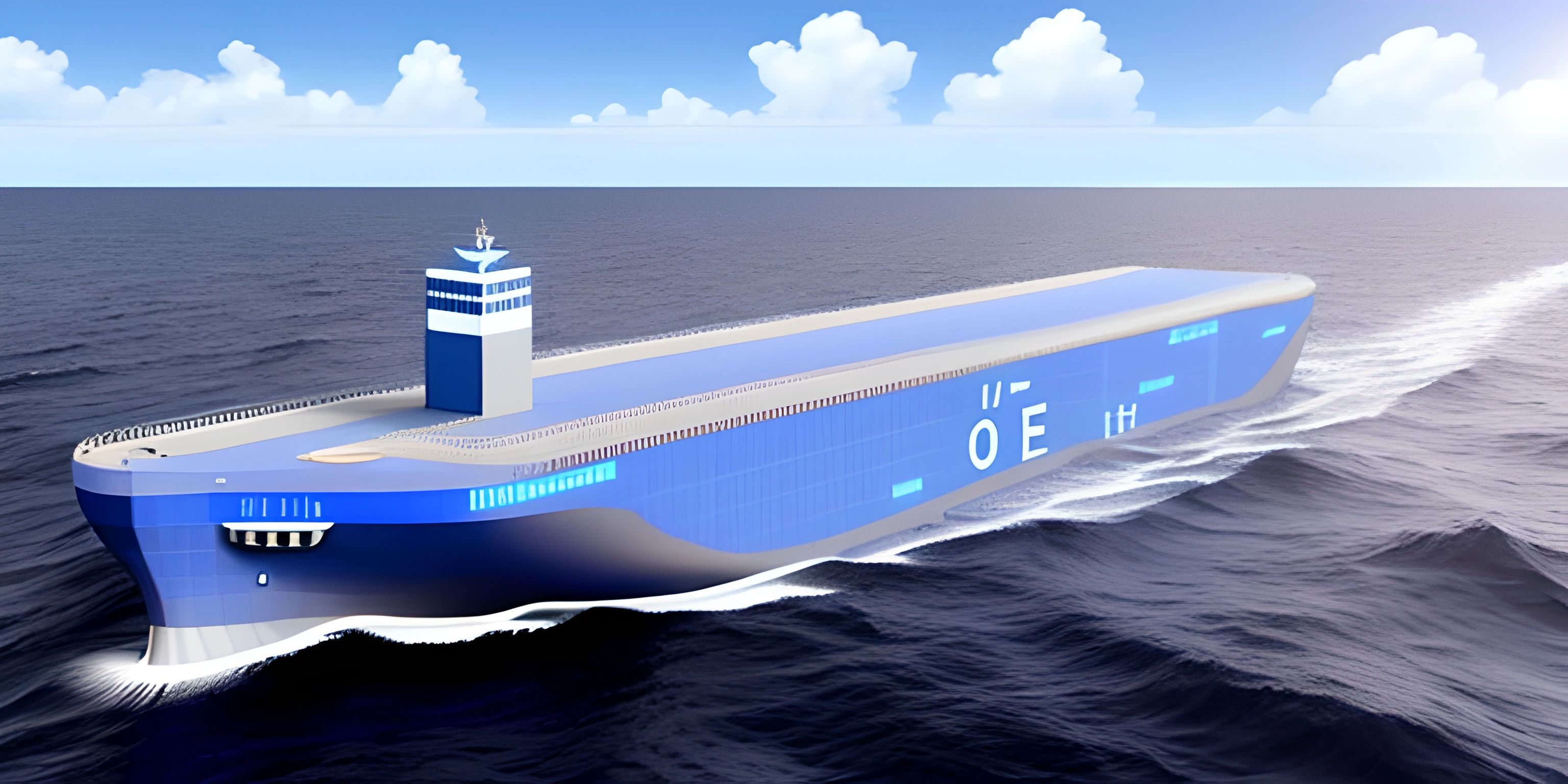 a large blue cargo ship in the middle of the ocean waves that wash its tail legs