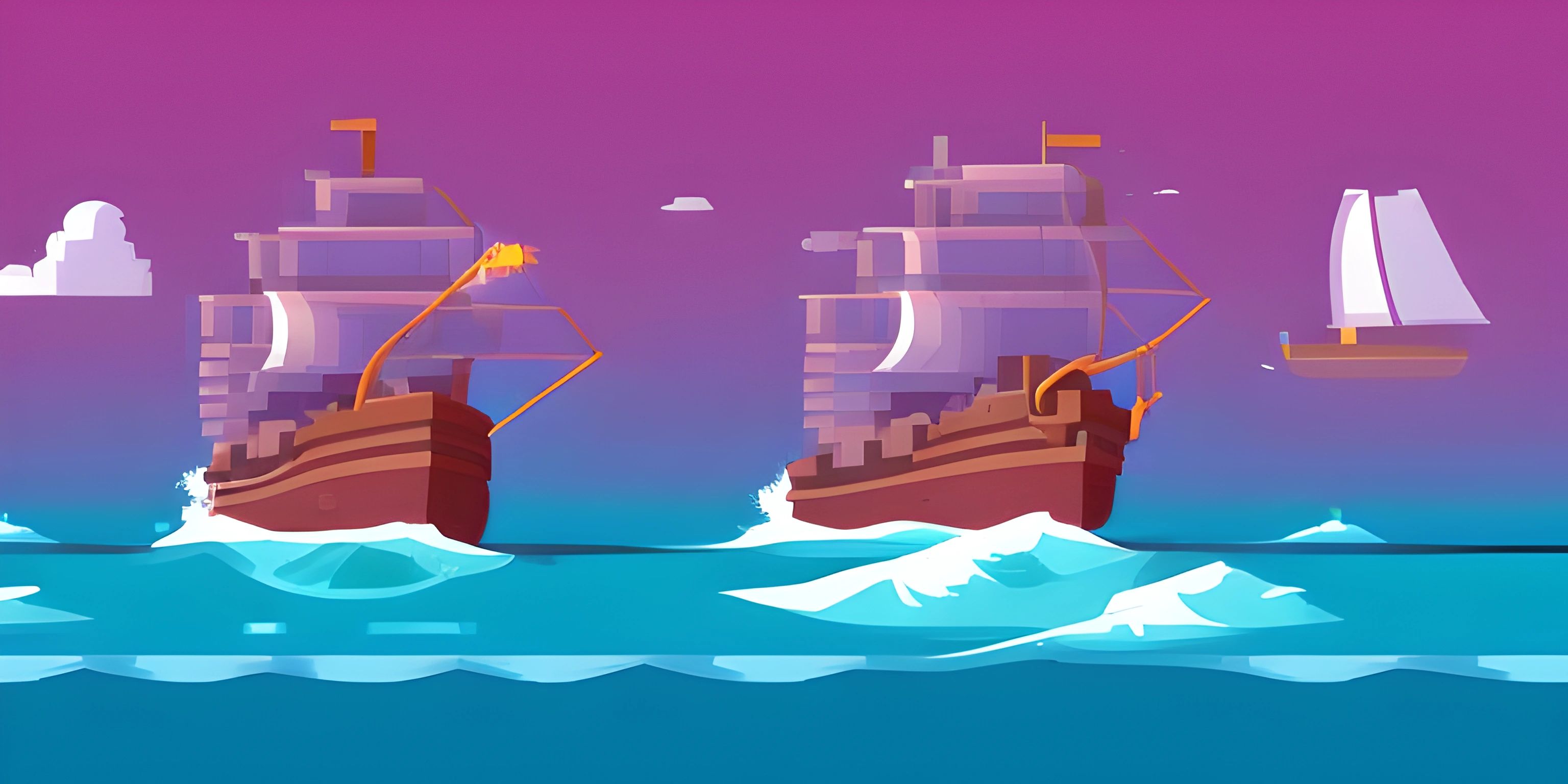 two ships in the ocean with snow and rocks in the background in an animated style
