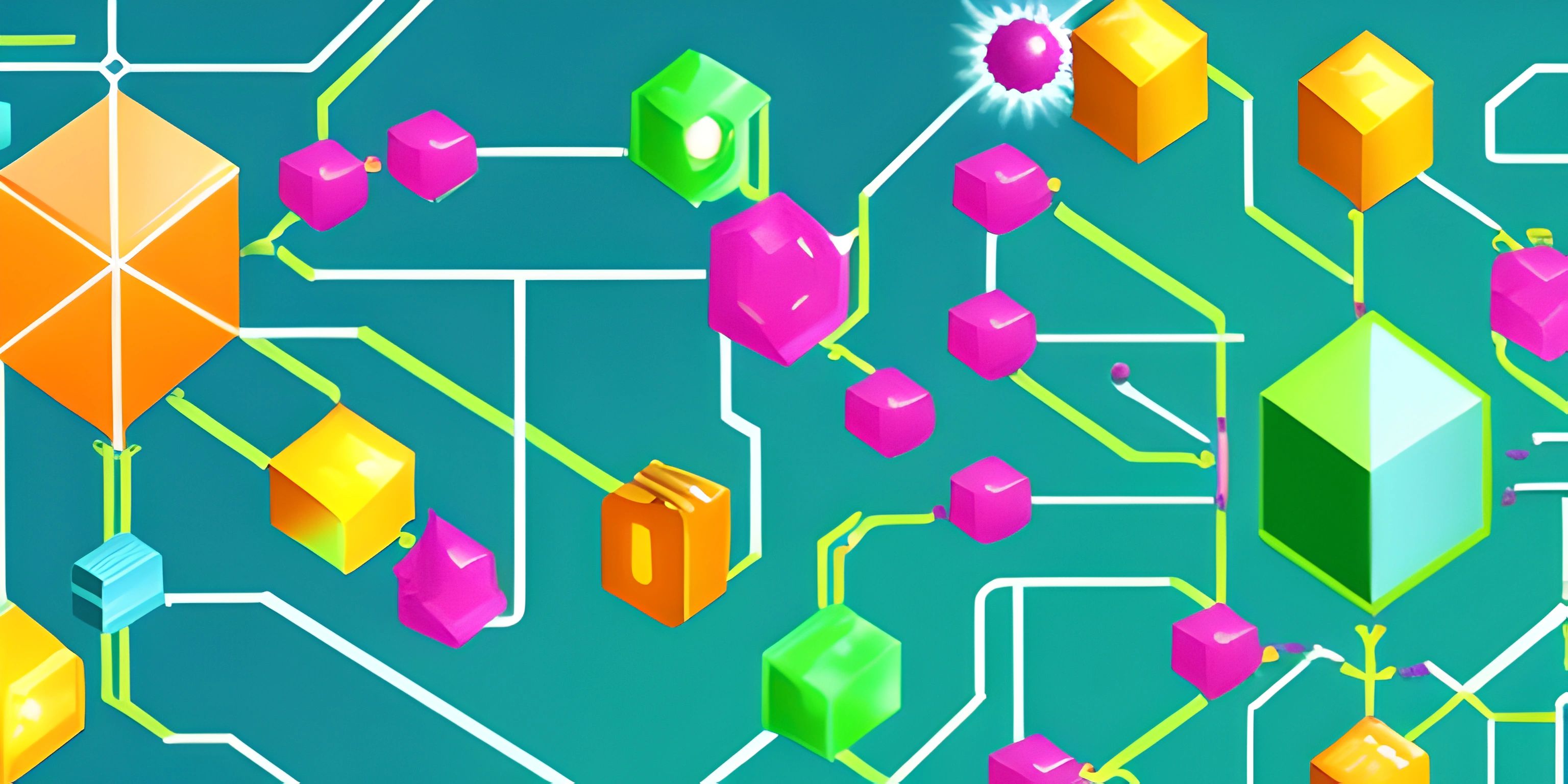 an image of many different colored cubes in a game scene with a bright sun and blue background