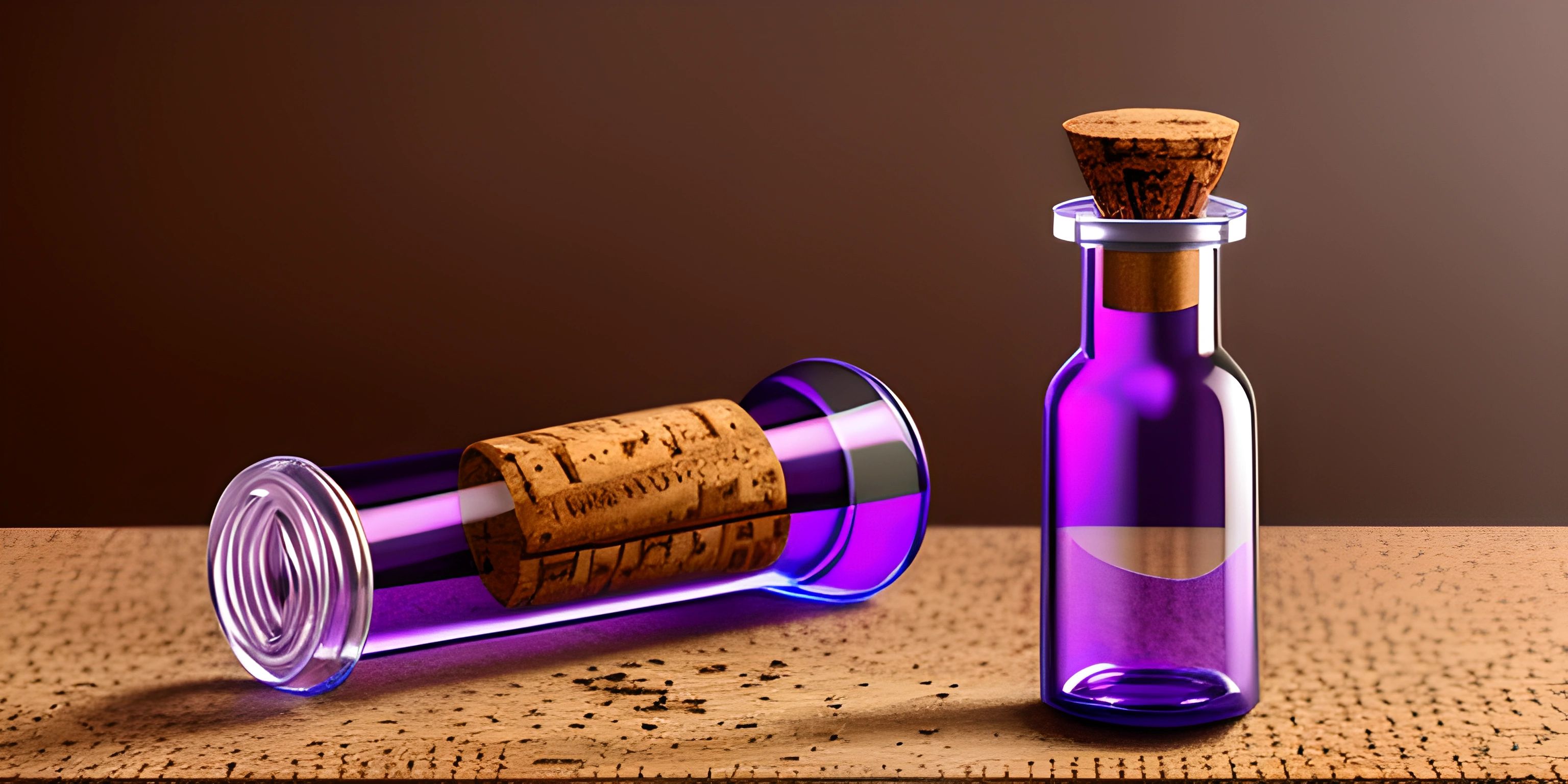 a bottle with some purple liquid next to a cork stopper on the counter top
