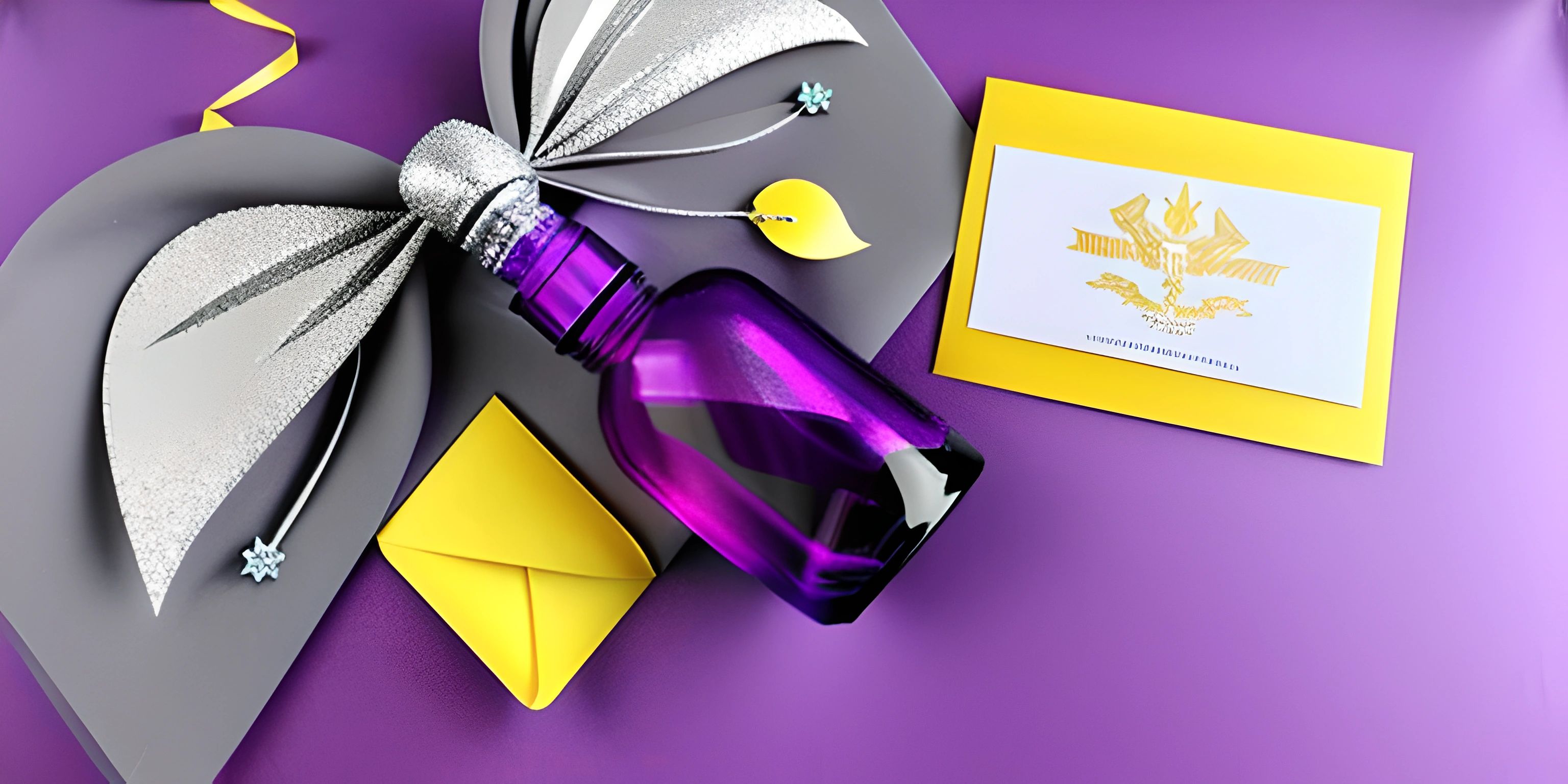 a purple bottle with a bow and gift card on a plate on a table with other decorations