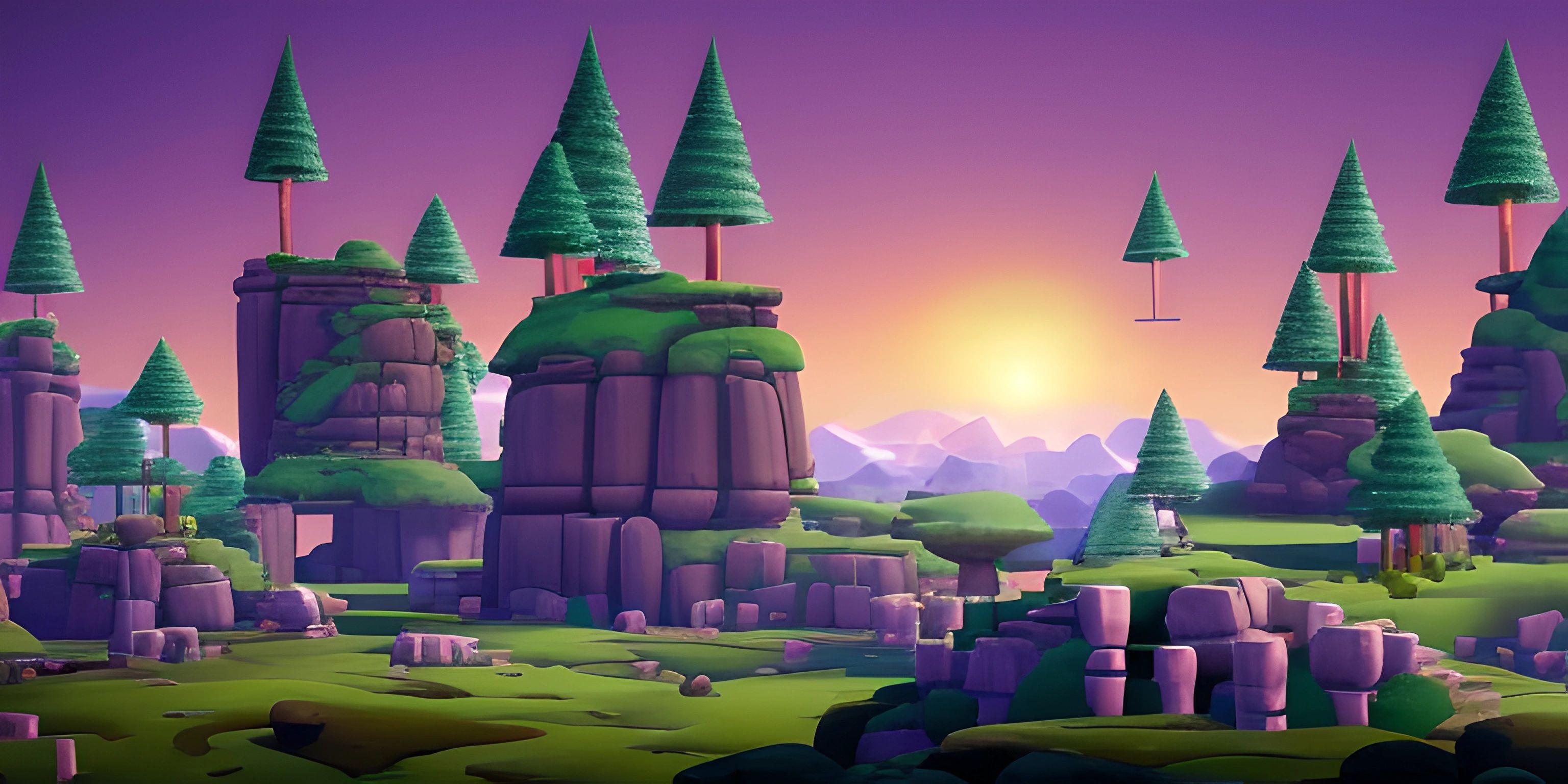an animated scene of the sun setting over a mountain range with many small trees on the ground and rocks on either side of it
