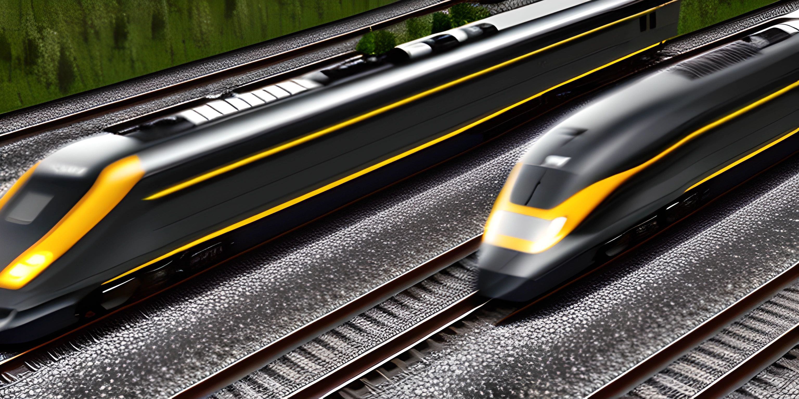 a pair of yellow train engines traveling down train tracks near woodside area with trees in background