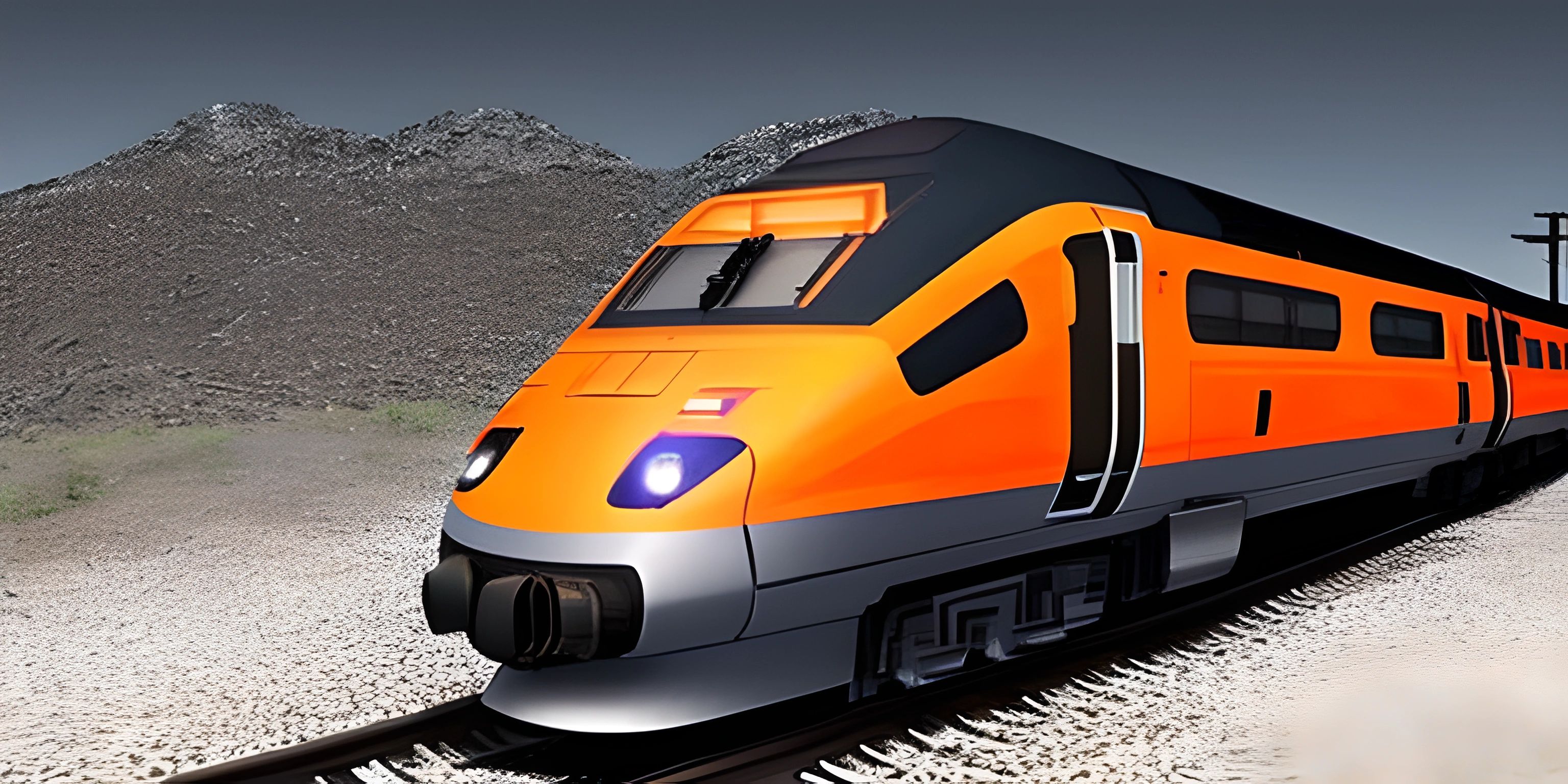 the modern electric train travels on a track through the desert fields of desert terrain and rocks