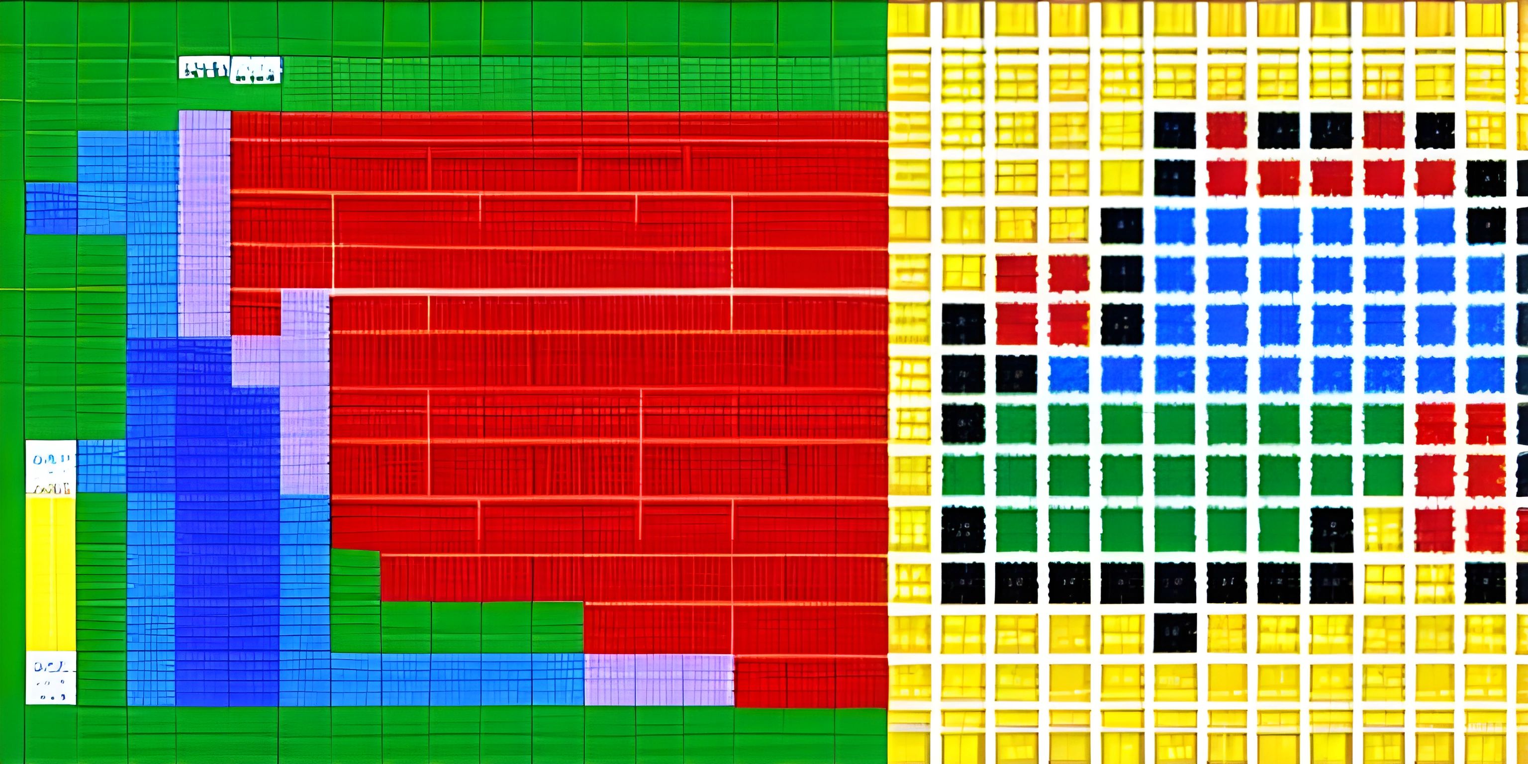 a painting with many squares arranged together on it of red, yellow and blue colors