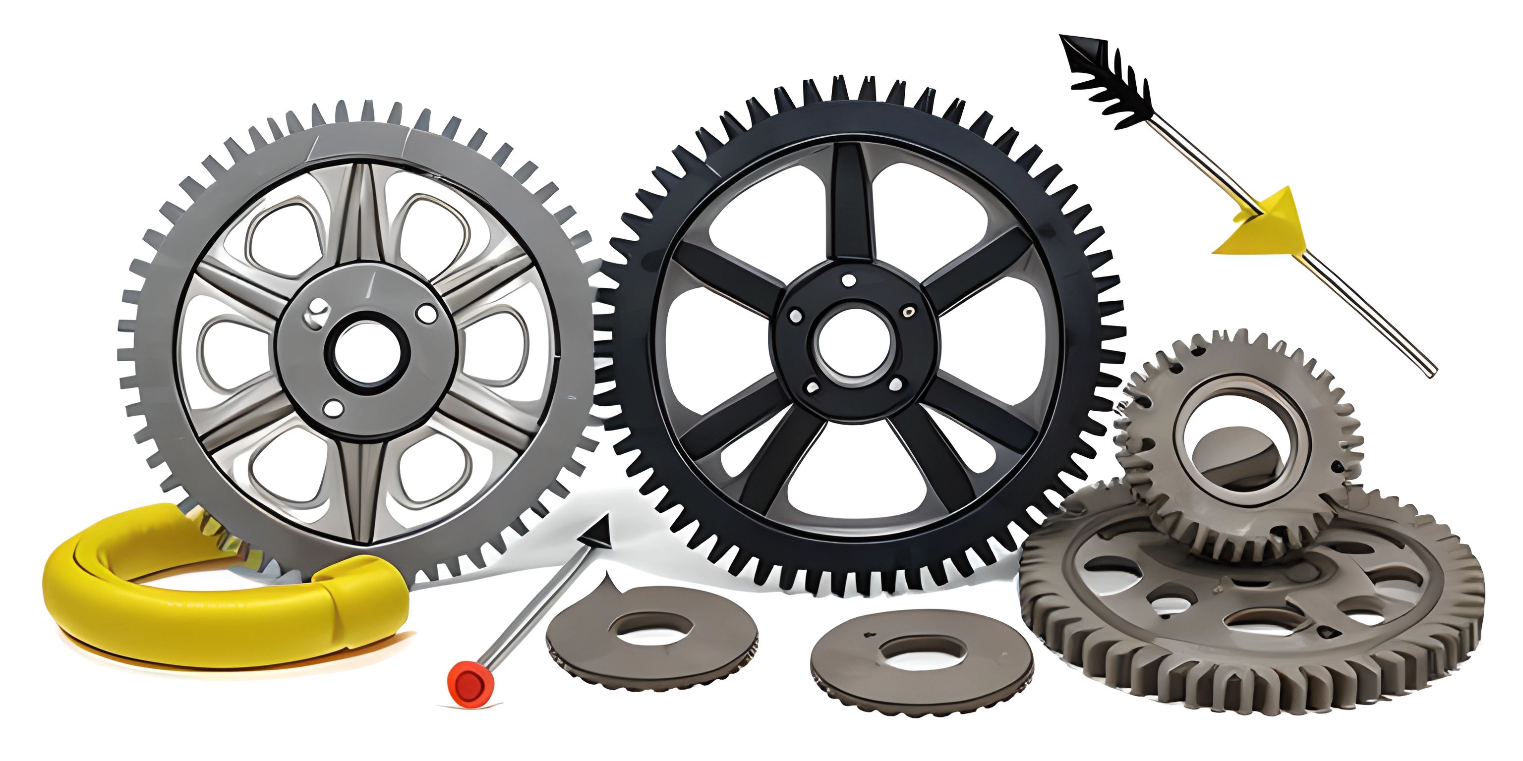 various gears sit together with screws and tools nearby on a white surface, one of which is broken