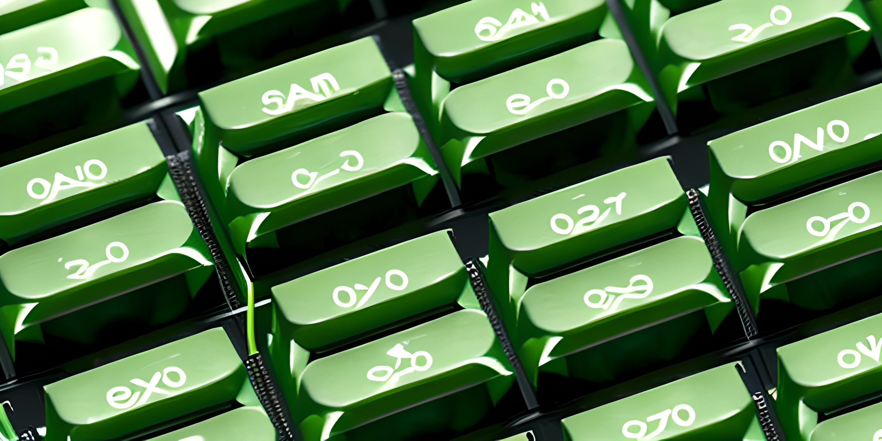 many green keys with white numbers sitting on top of them together, all together, in front of a computer keyboard