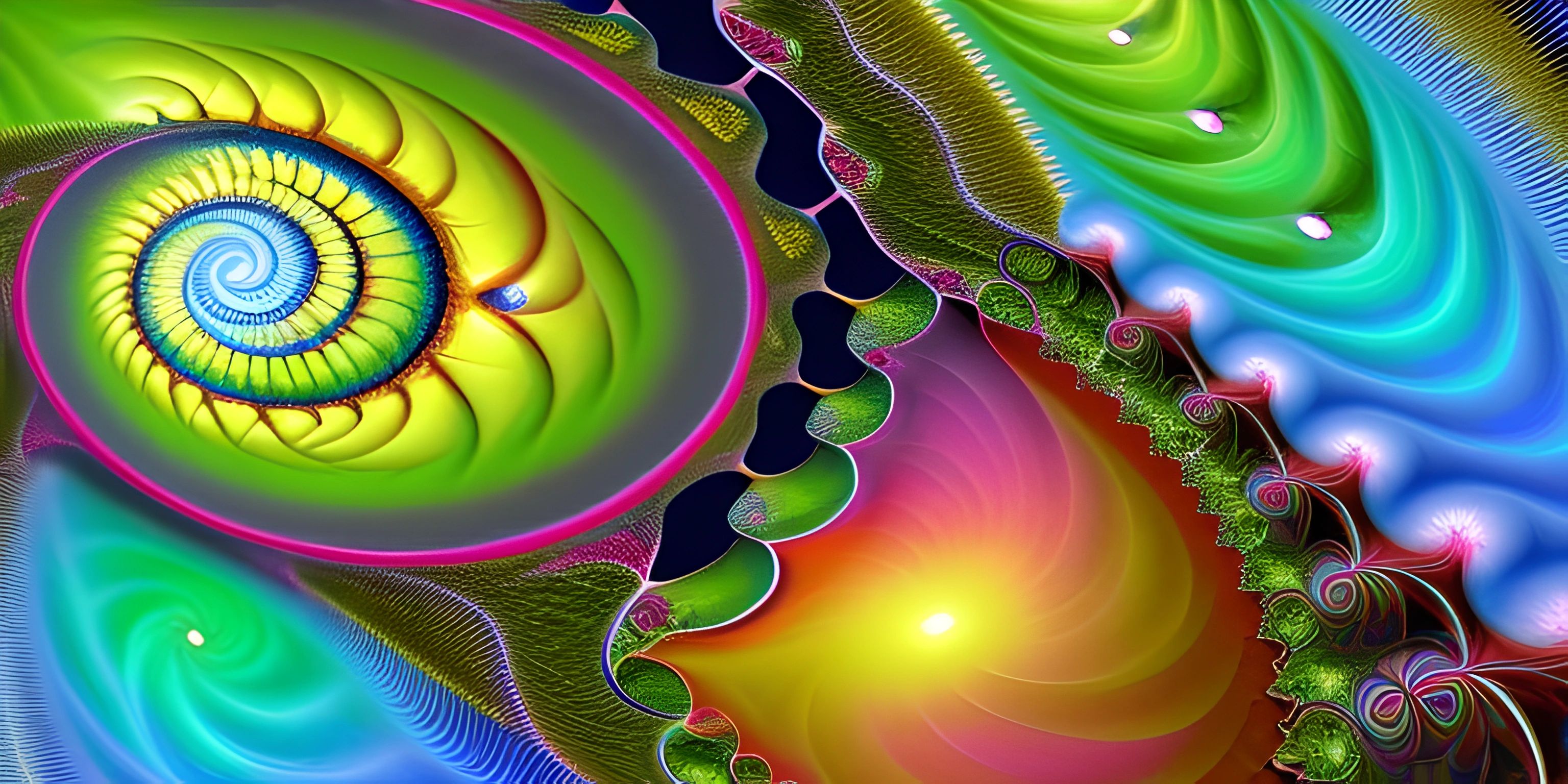 a digital painting of a spiral shape in green, pink, blue, and yellow