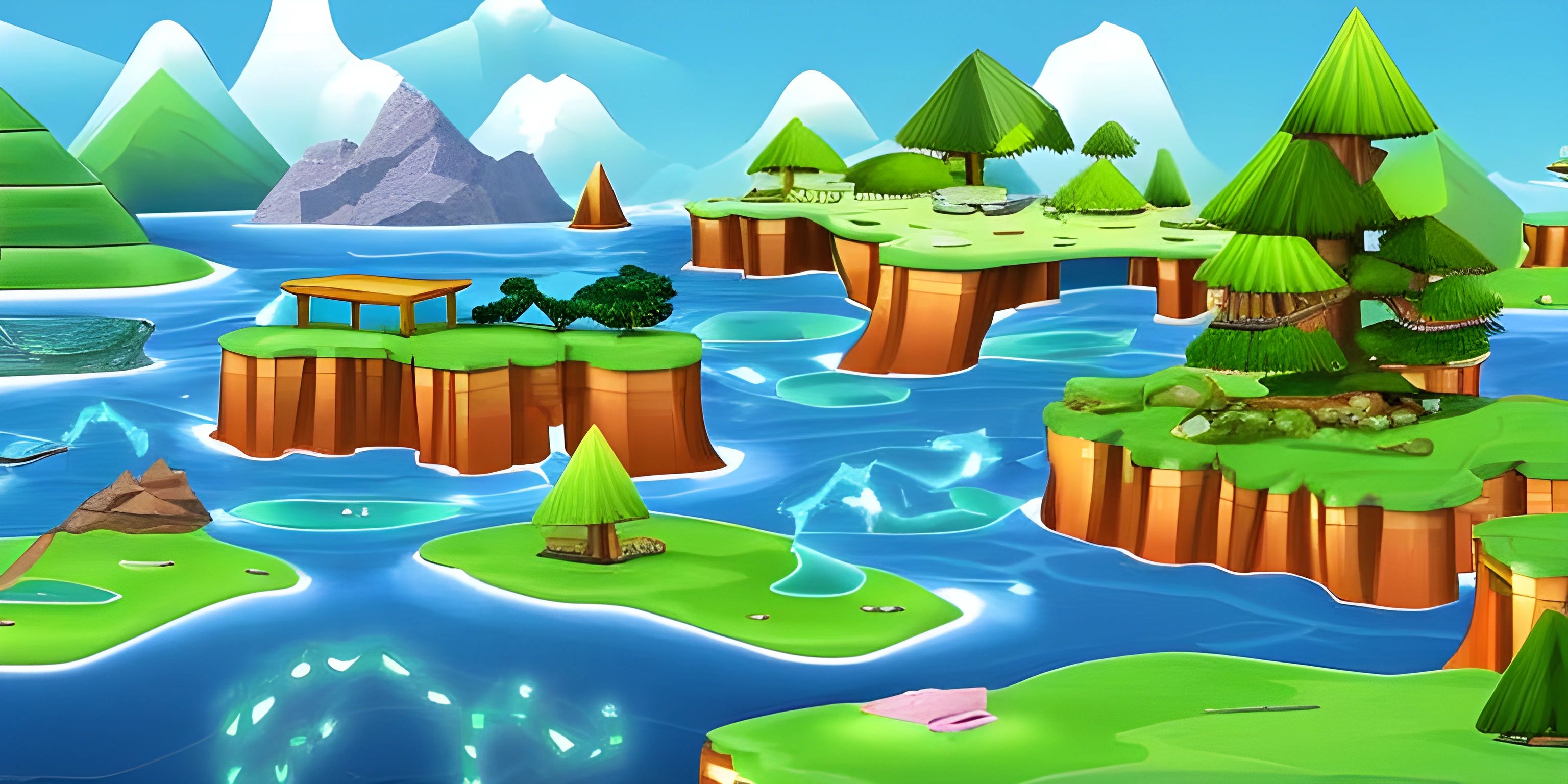 a cartoon landscape featuring a river, treetops and small island with a bench in the middle