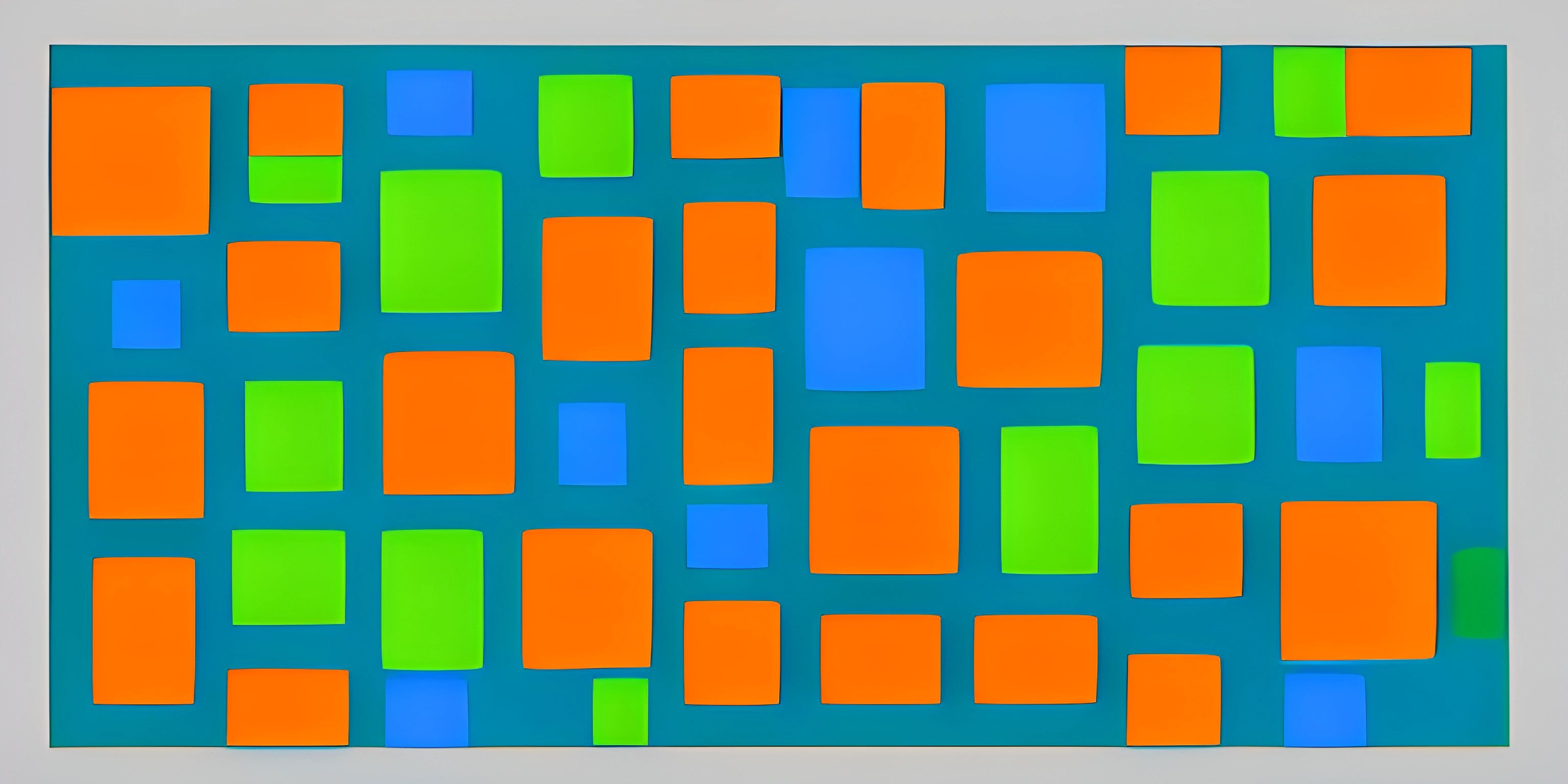 a painting of squares on a white wall with blue and green, orange, and black colors