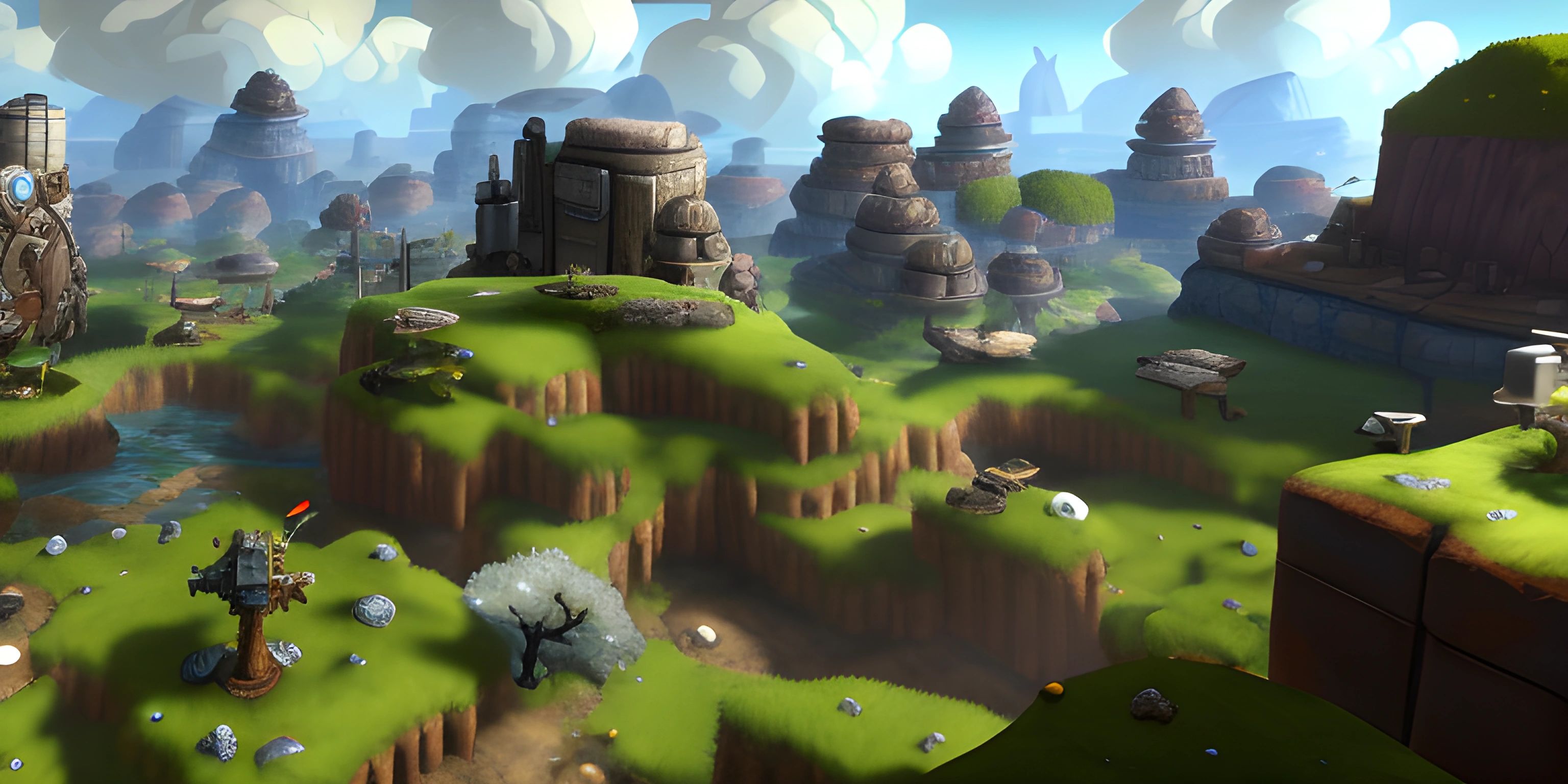 an action game environment scene in a virtual environment of an environment with many rocks, plants, and other things on the land