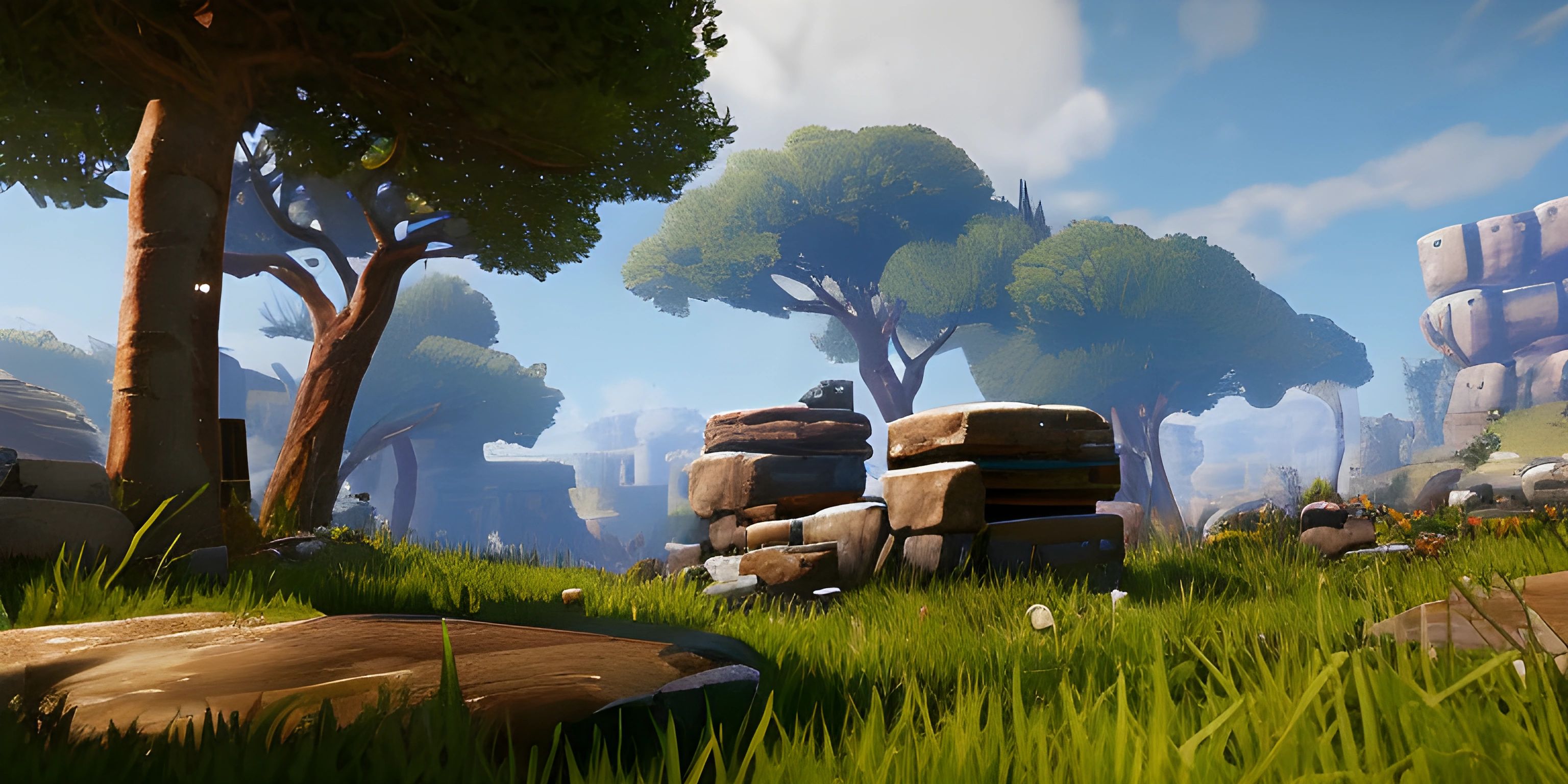 a video game screenshot with grass, rocks and trees and sky in the background