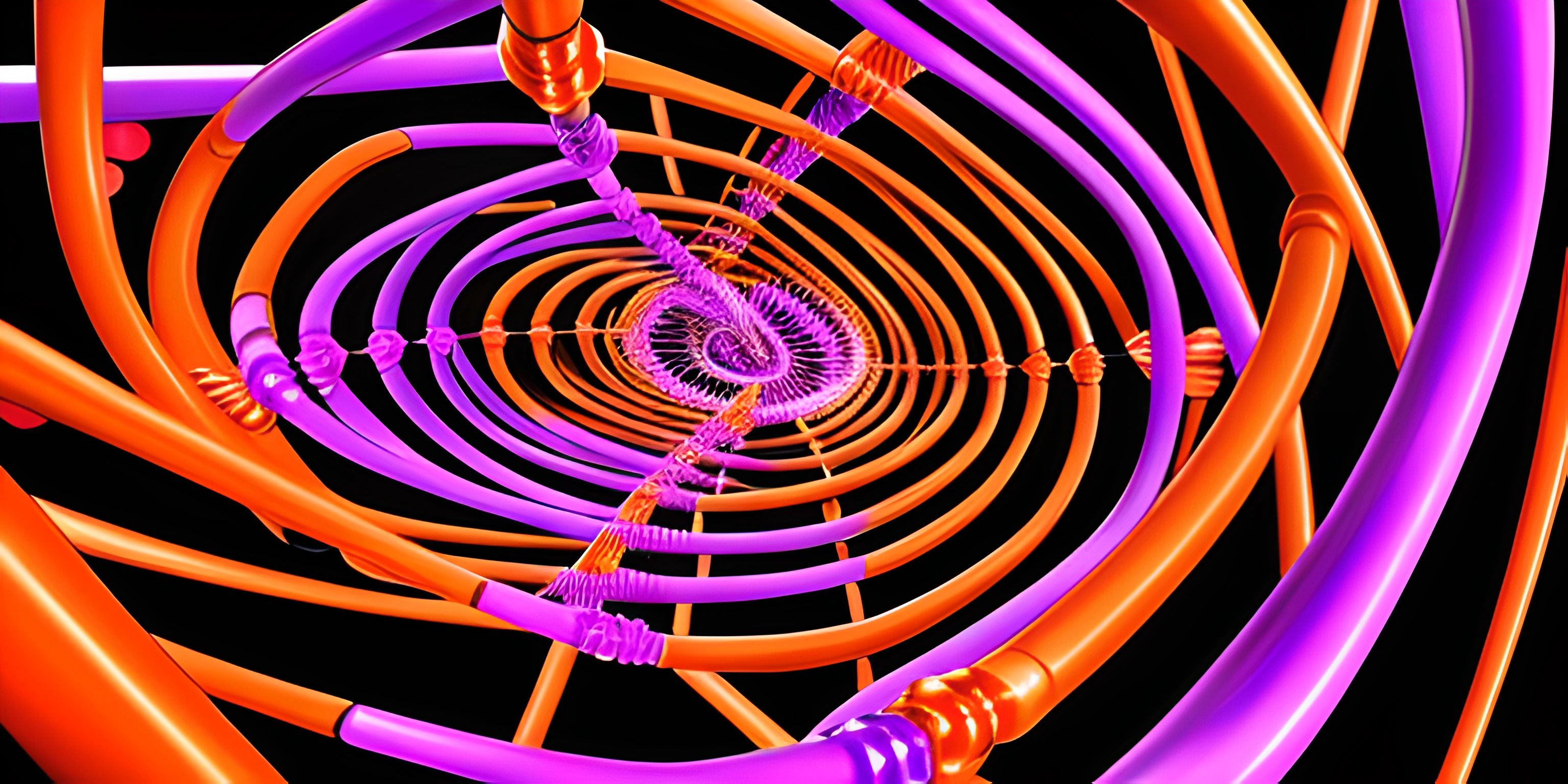 the image shows an orange and purple spiral with purple parts inside of it in space