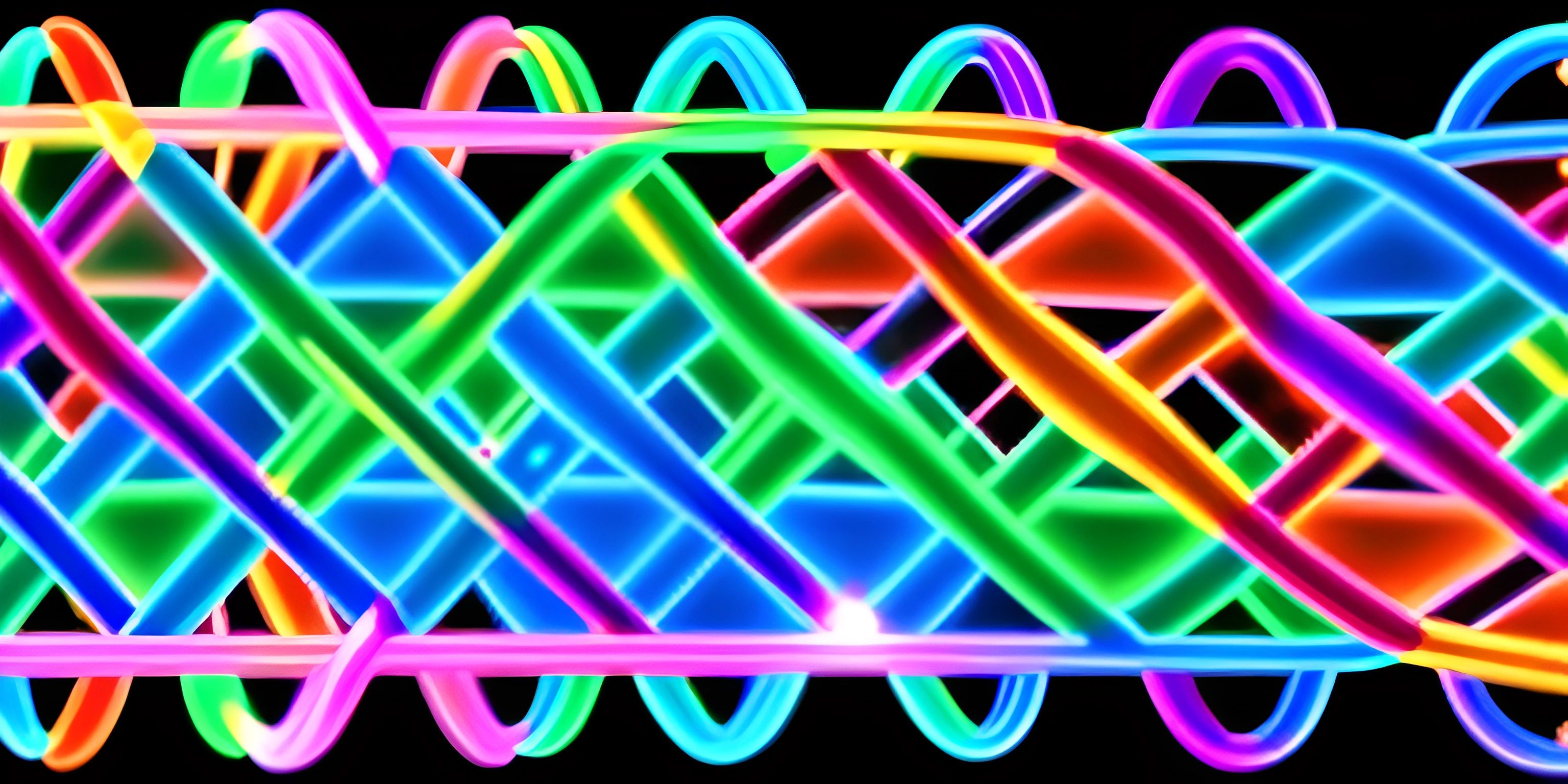 a long pattern made of many different colored lines on a black background with a light shining through it