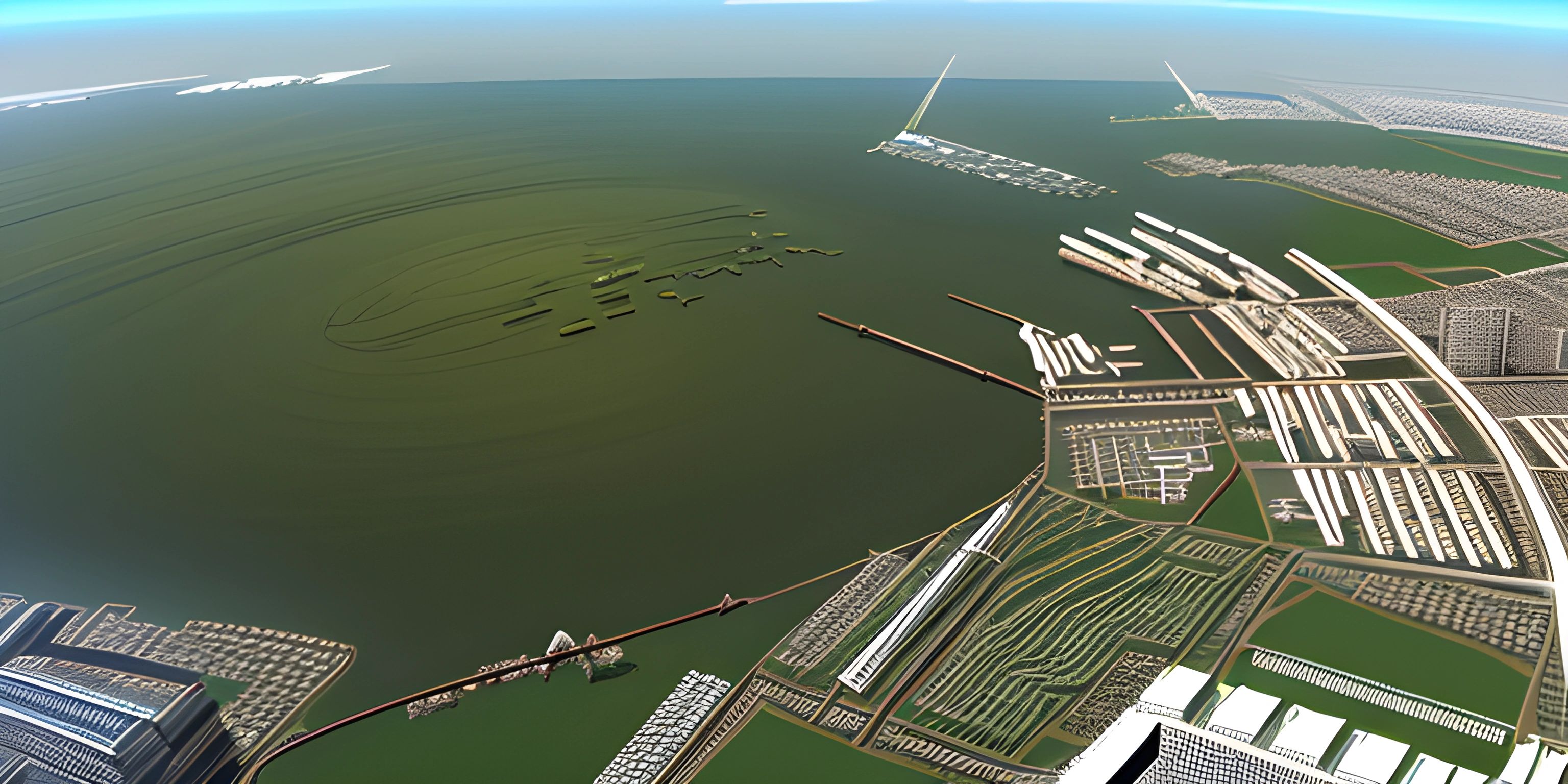 the image is rendered using a very detailed view from above, of an airport, and ships, city buildings and a body of water