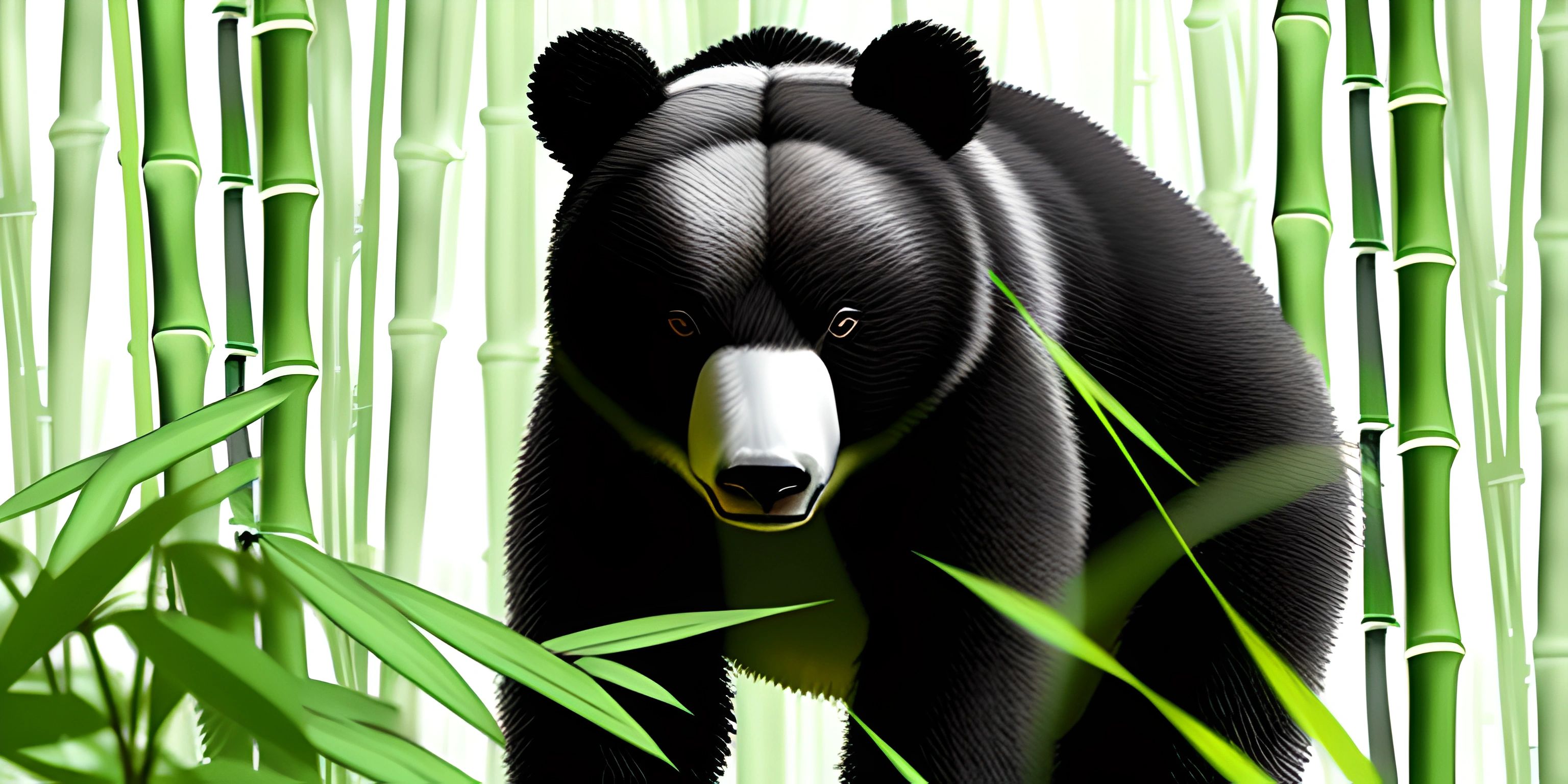 a painting of a bear that is walking in the grass among bambooss in a forest