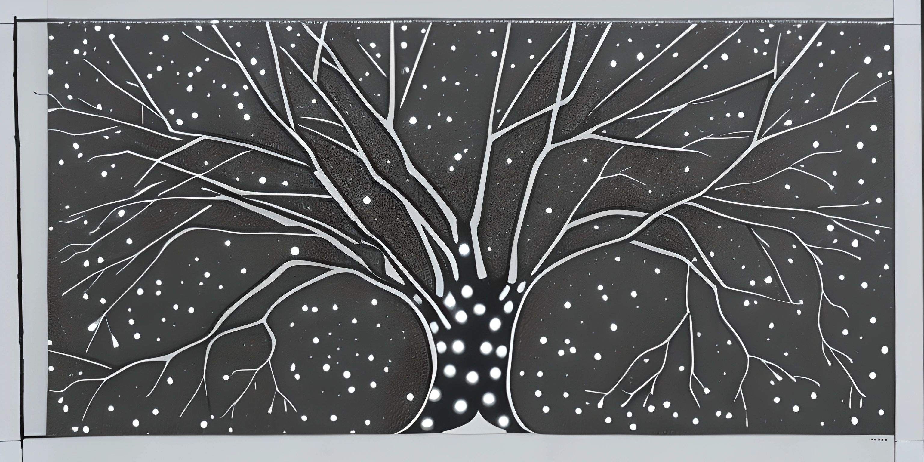 a picture of an art work with a tree with white branches in the background and snow on the ground
