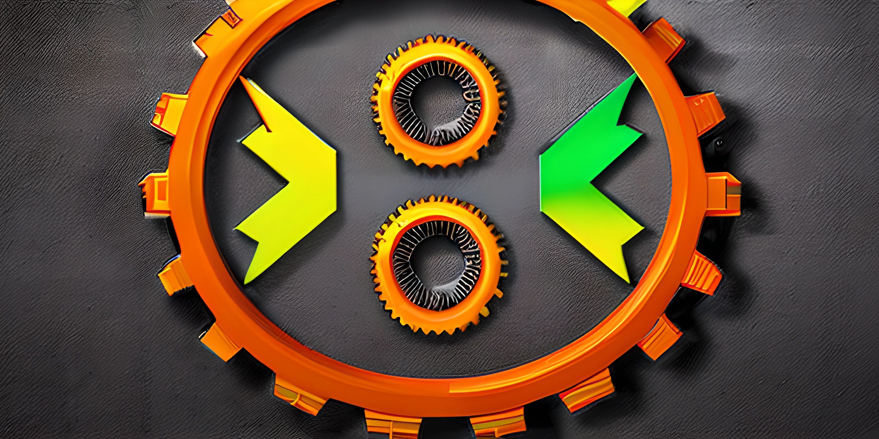 the orange gears of a wheel are pointing in opposite directions to a green arrow in the center
