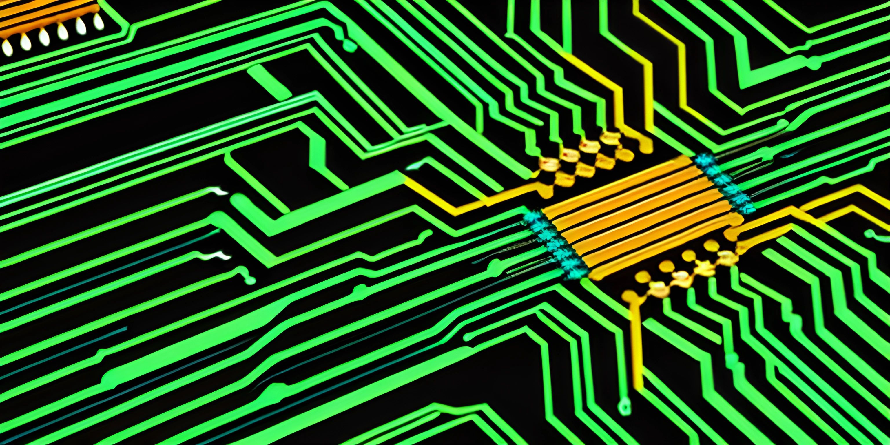 an electronic circuit board showing the green and yellow arrows on it as a background or pattern