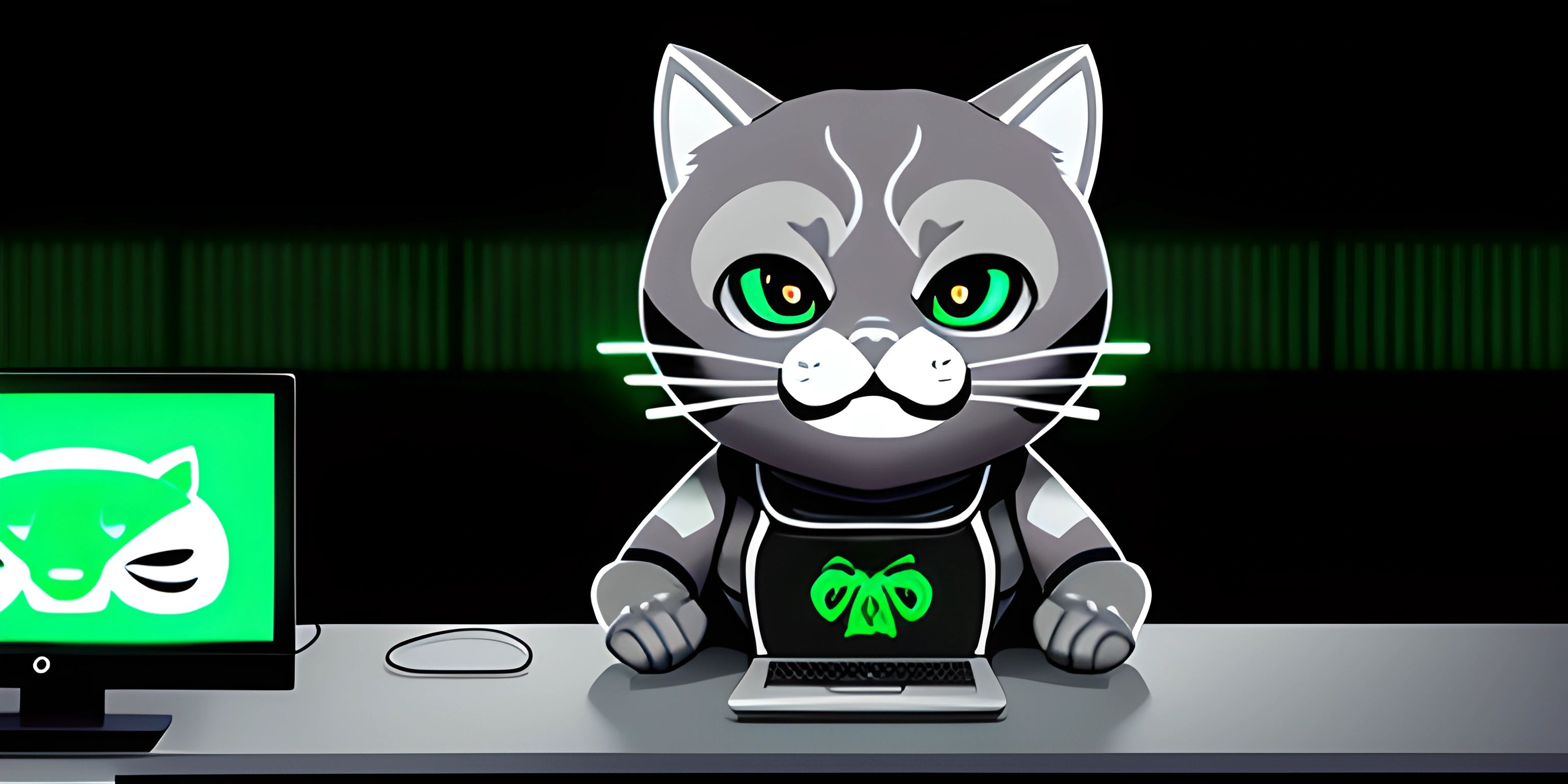 an animation picture of a cat at a desk with a computer and monitor on it