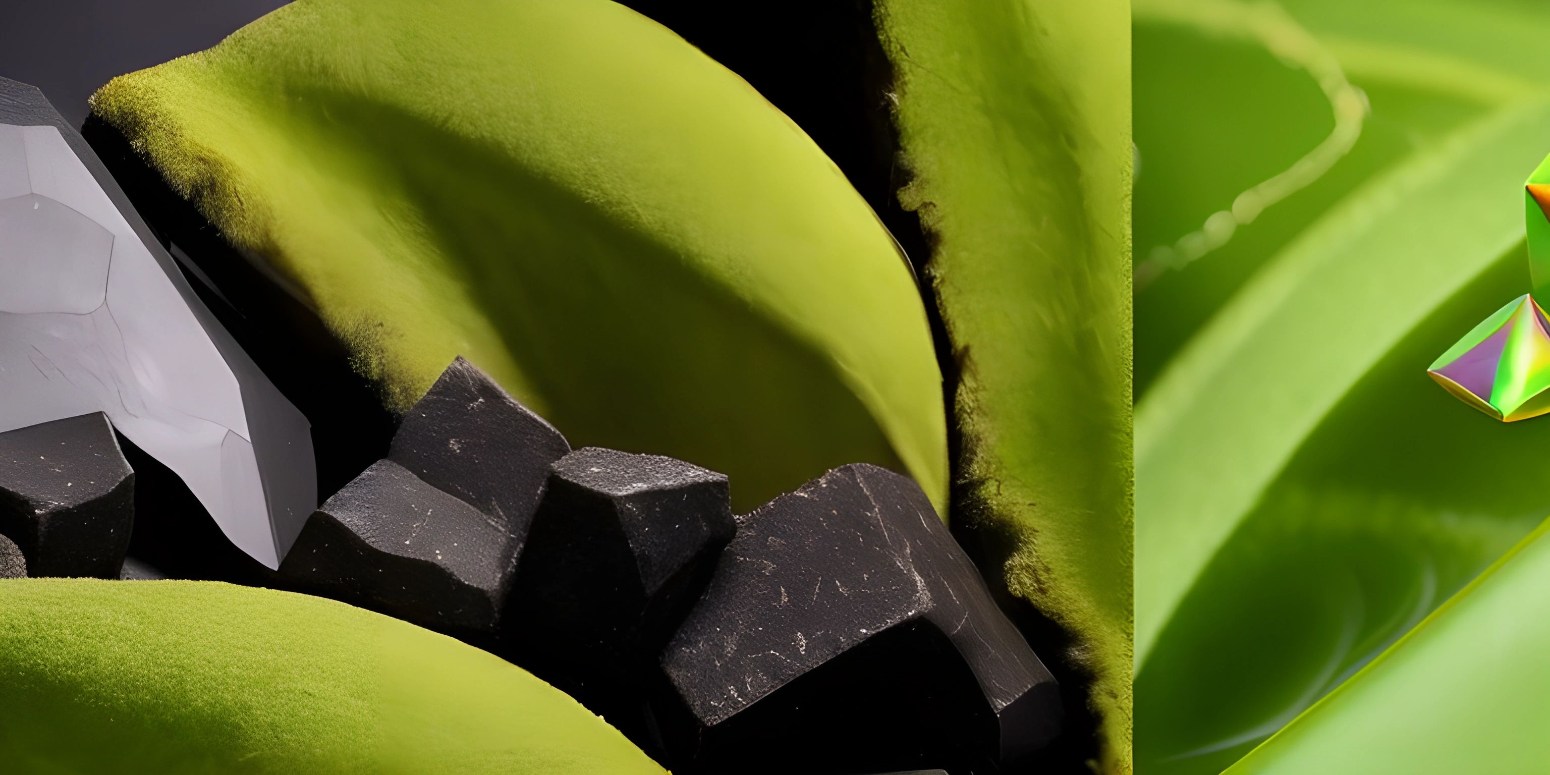 two photographs of rocks and a plant with bright green leaves in the background, and one in bright green