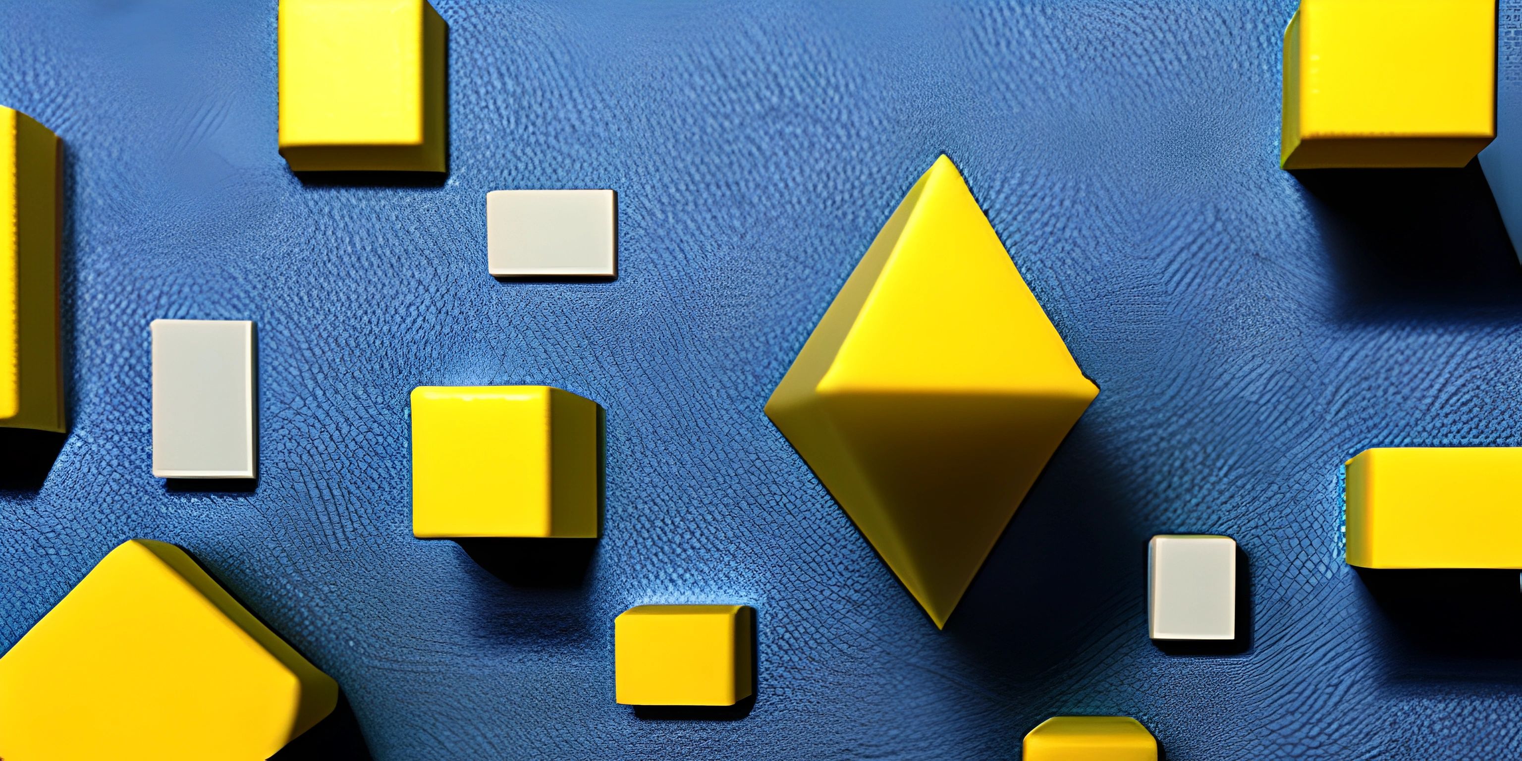 a wall covered in colorful geometric pieces on top of a blue surface that appears to be playing with yellow cubes
