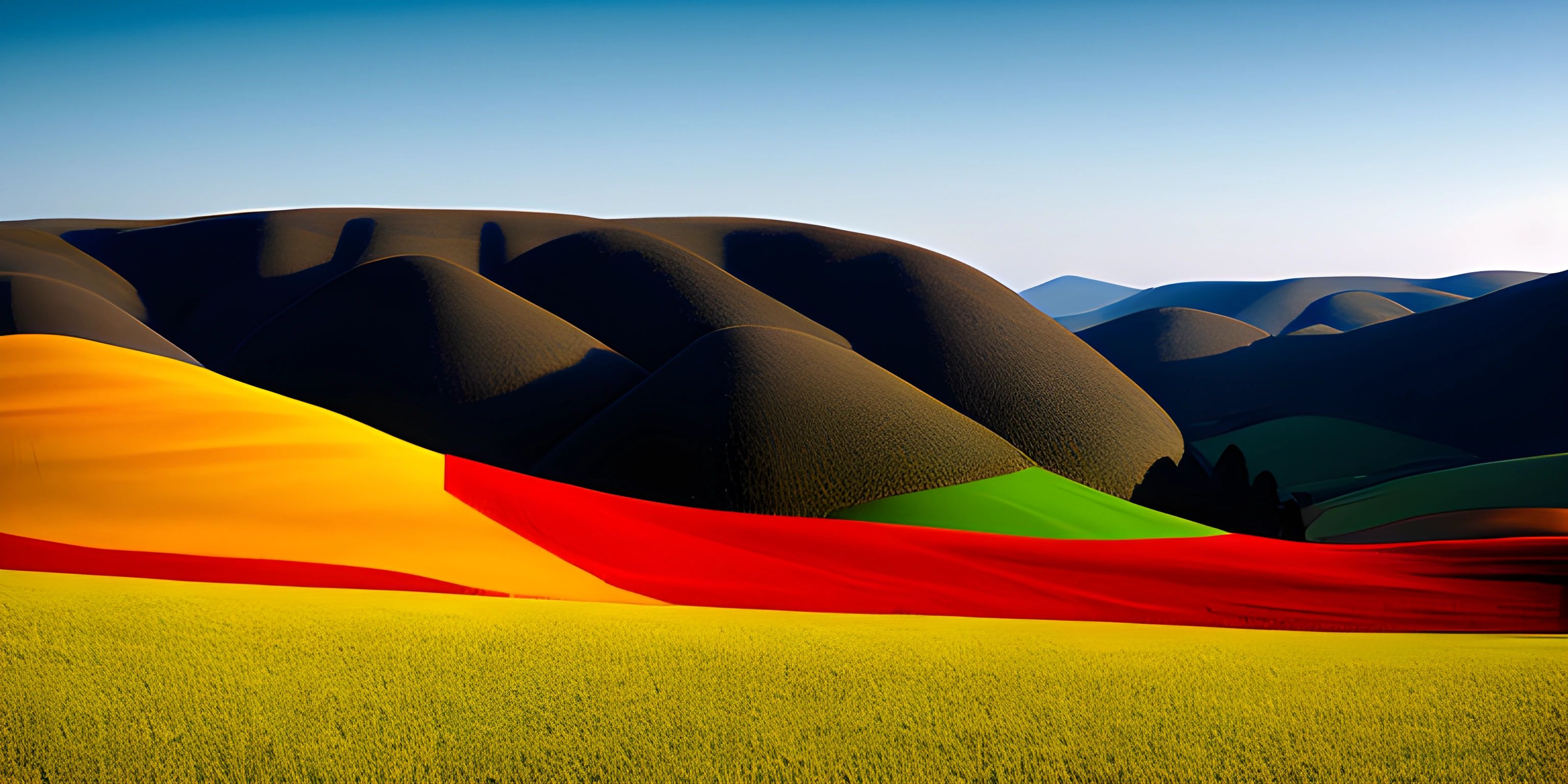 a rainbow colored balloon is in the air over a large green field and a tree