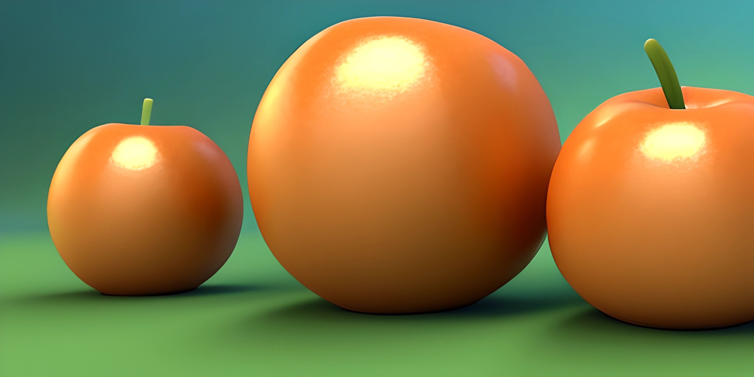 several apples sit on top of a table against a green background and blue skies,