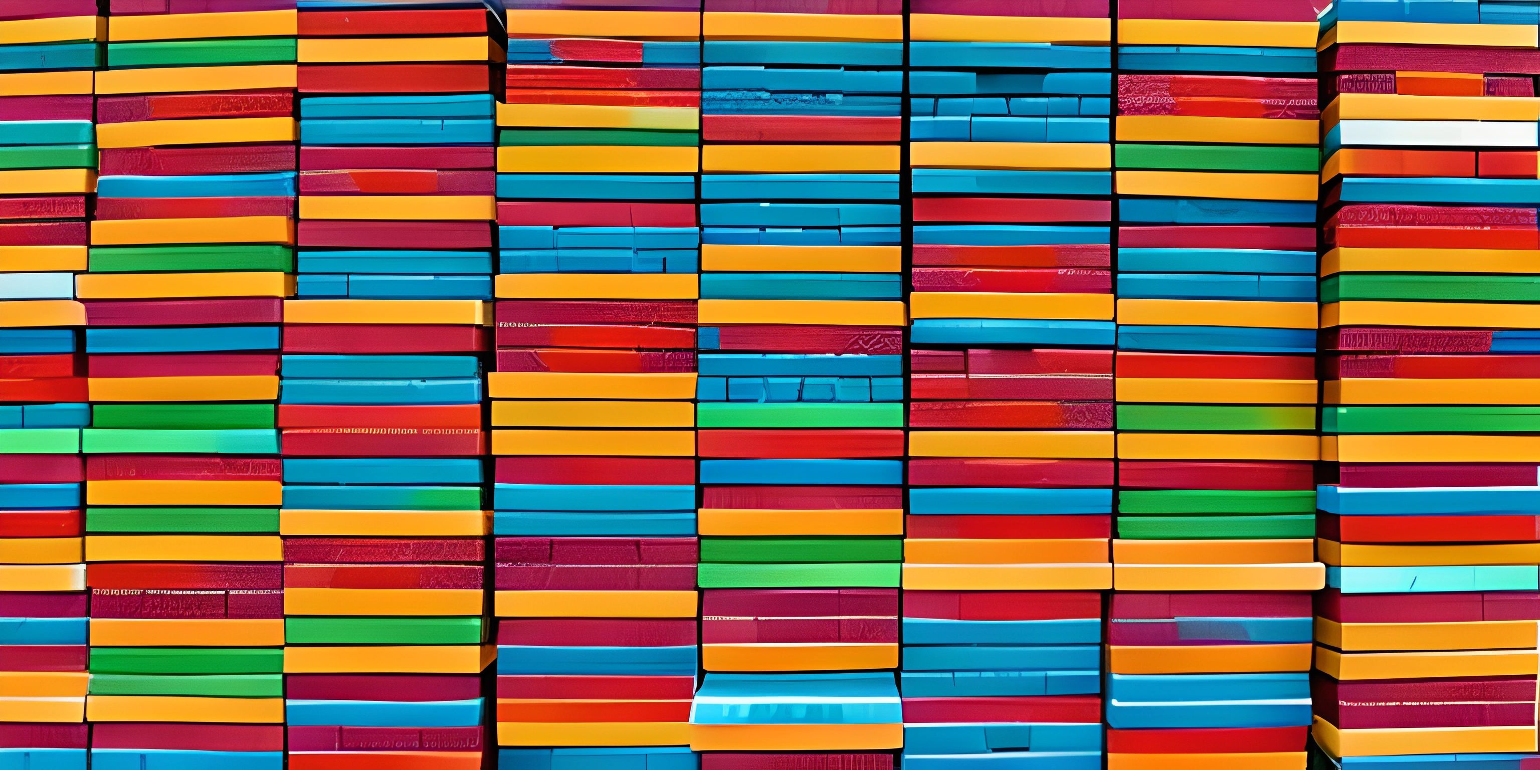 many colored bricks stacked together against each other, one is orange, the other red