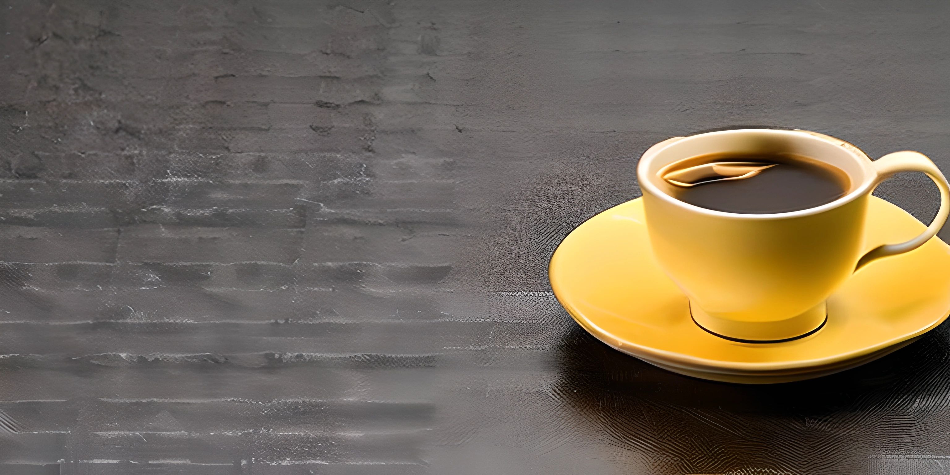 a yellow coffee cup with a saucer on it on a black table with textured surface