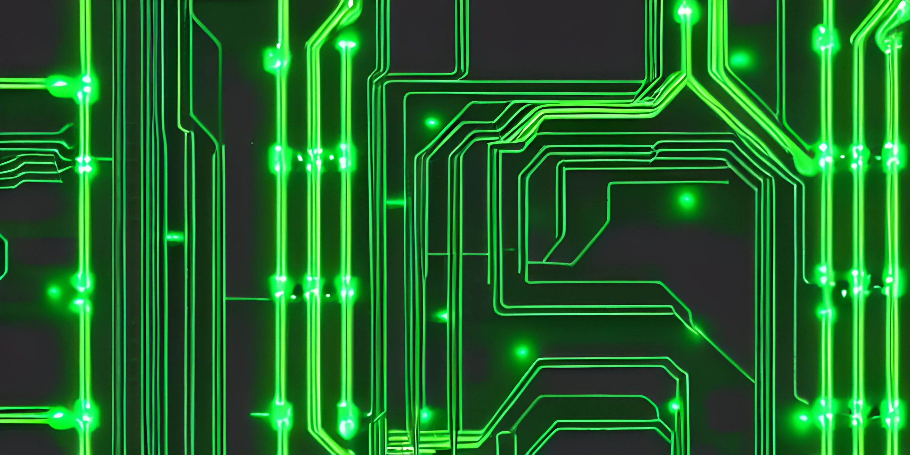 a computer circuit board with green lights in the background and black and white lines in the middle