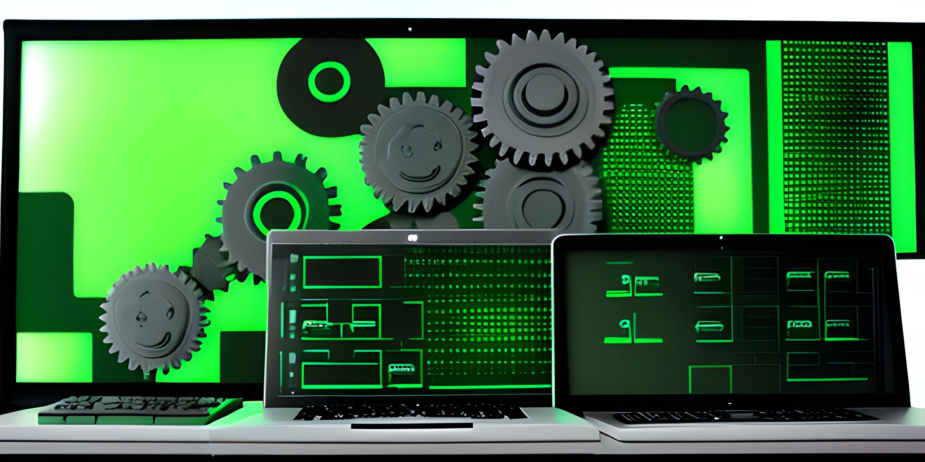 several computers on display with green screen and gears in the background to depict cyber technologies