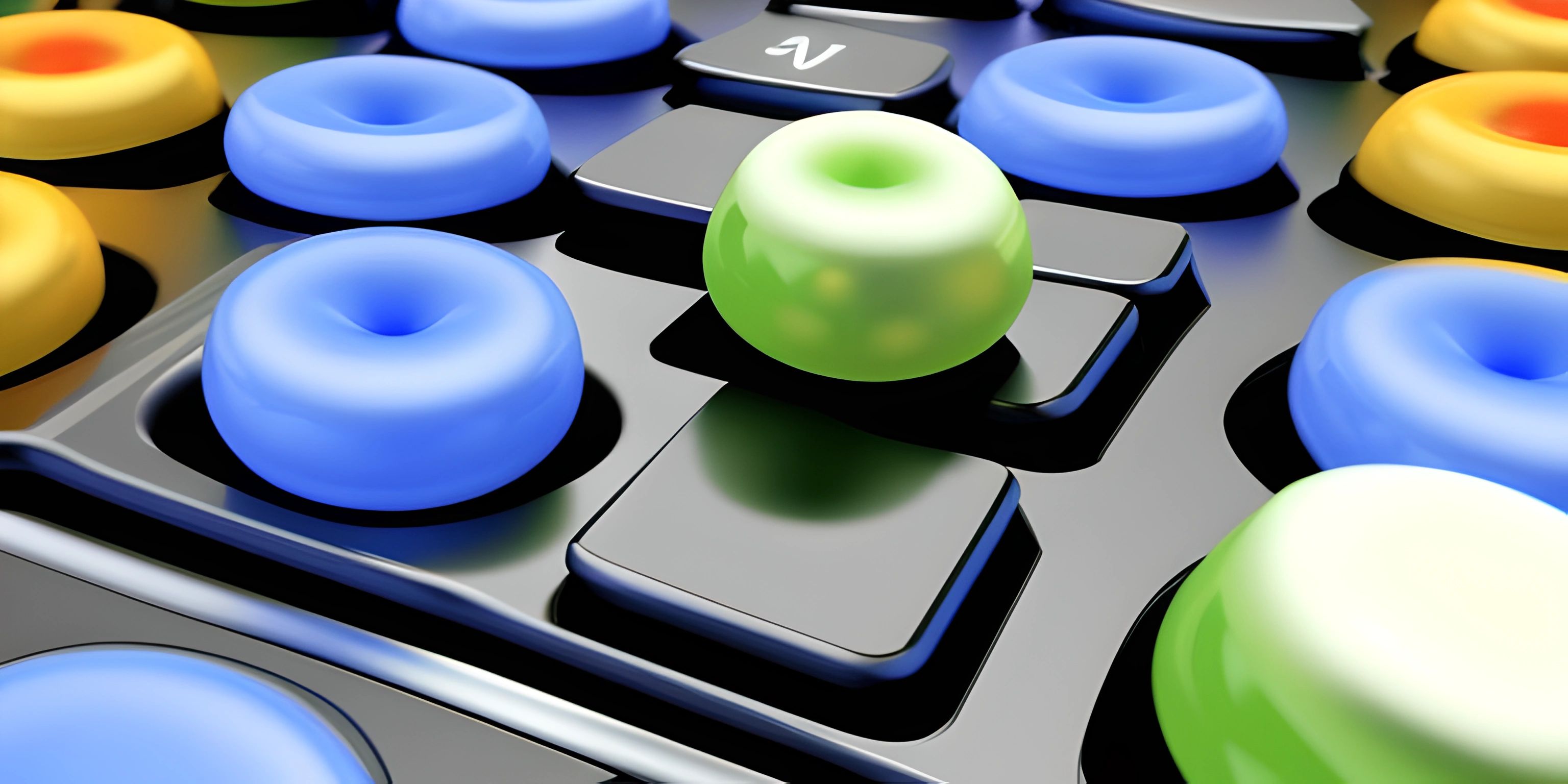 a group of game buttons, in yellow and blue, are stacked on top of a keyboard