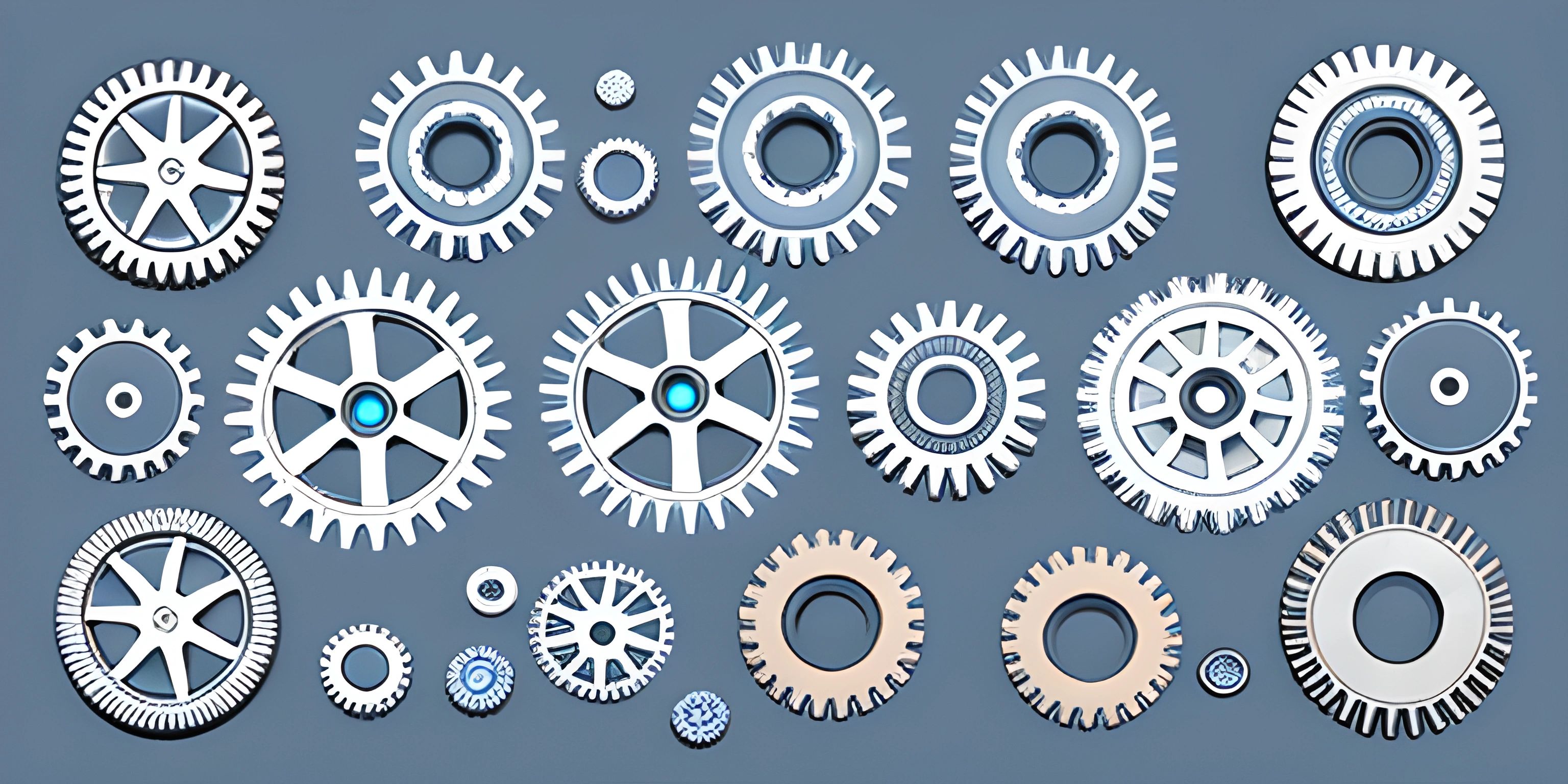 many types of mechanical gear are displayed on a gray surface and blue background in color