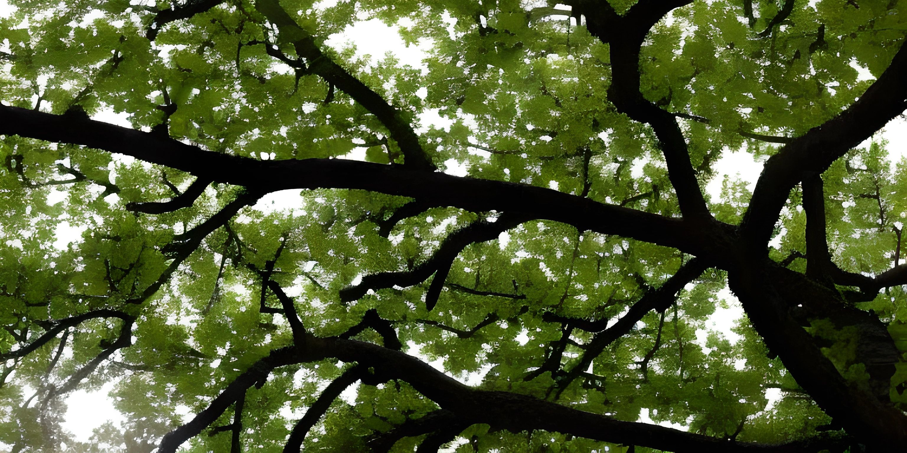 a green tree branches with white leaves and grey sky in the background in sunlight and clouds