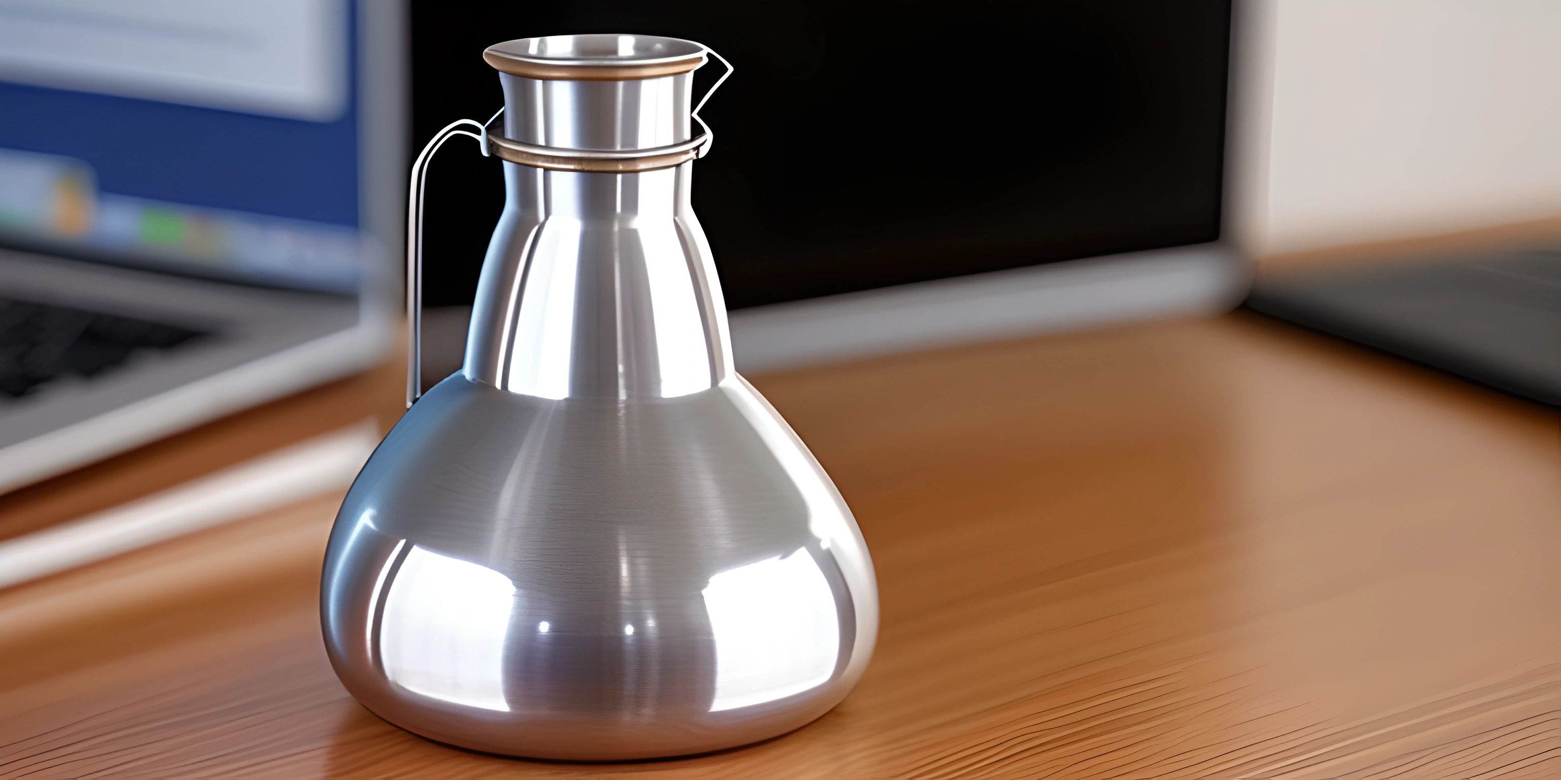 the kettle sits in front of a laptop computer at a desk, a small cup with a lid is on top