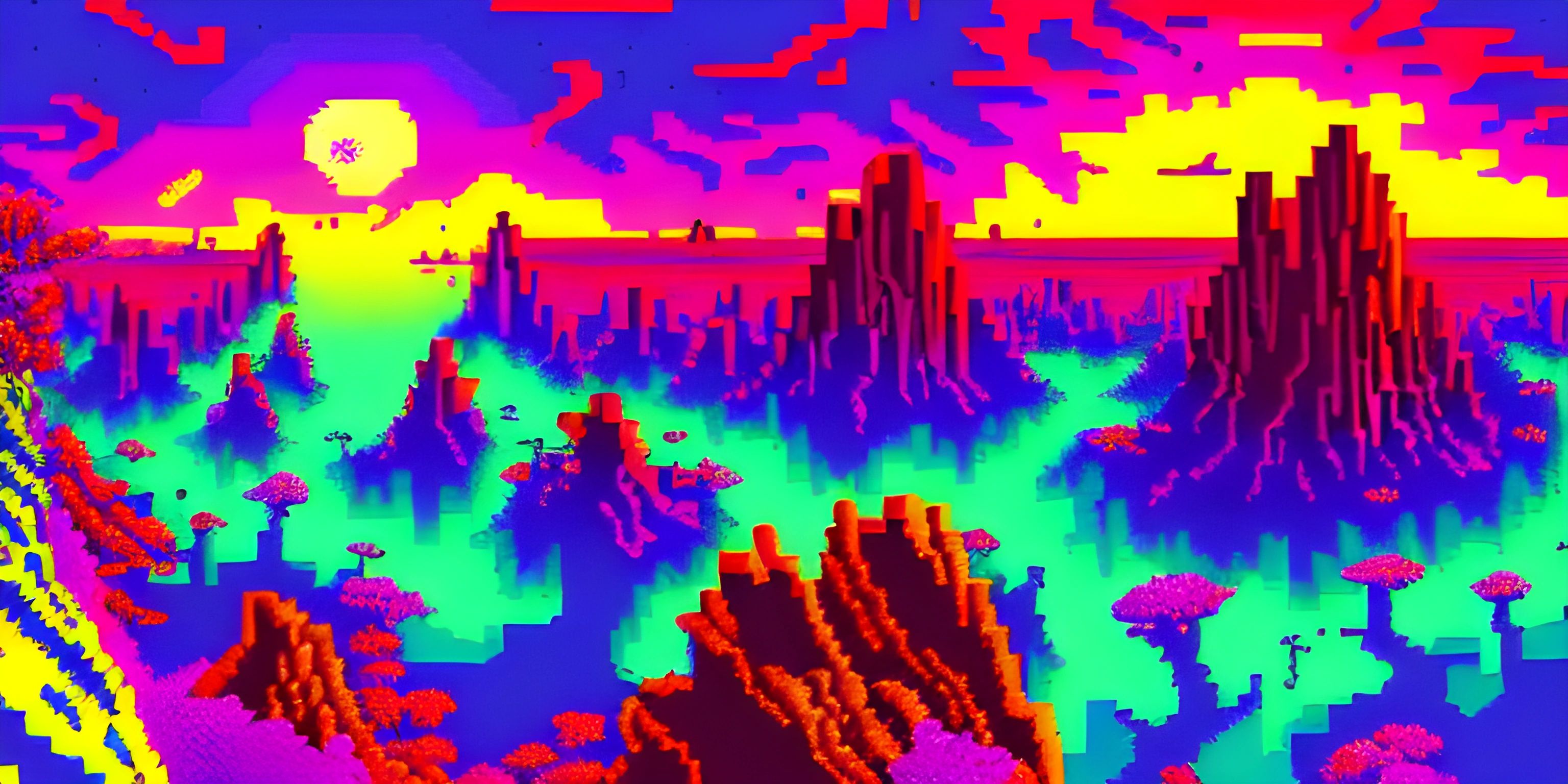 a computer artwork in colorful colors with city and mountain on the horizon as a backdrop