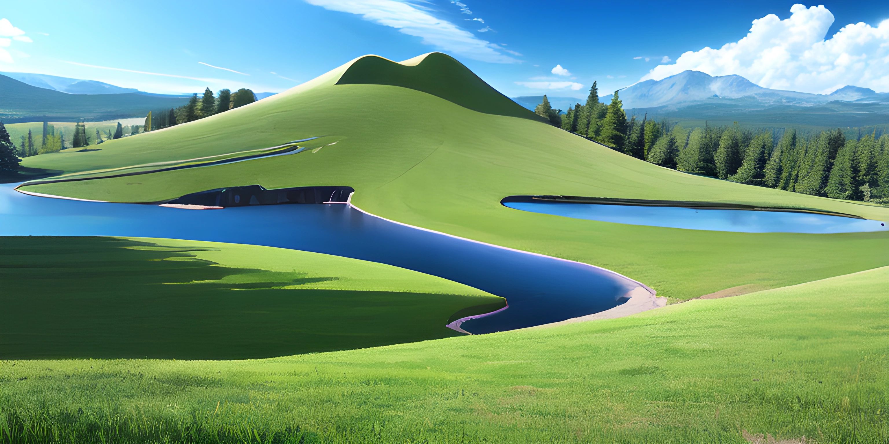 a large green golf course is shown with water in it and mountains in the distance